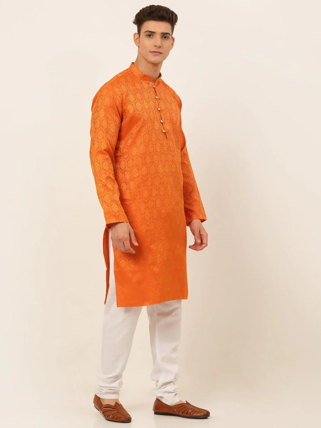 Jompers Men's Orange and Golden Woven Design Kurta Pajama