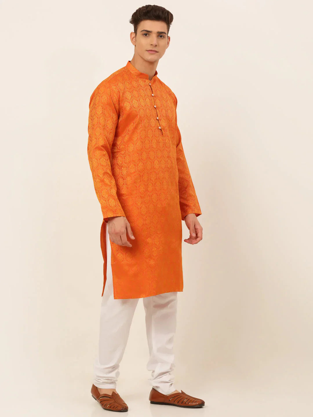 Jompers Men's Orange and Golden Woven Design Kurta Pajama