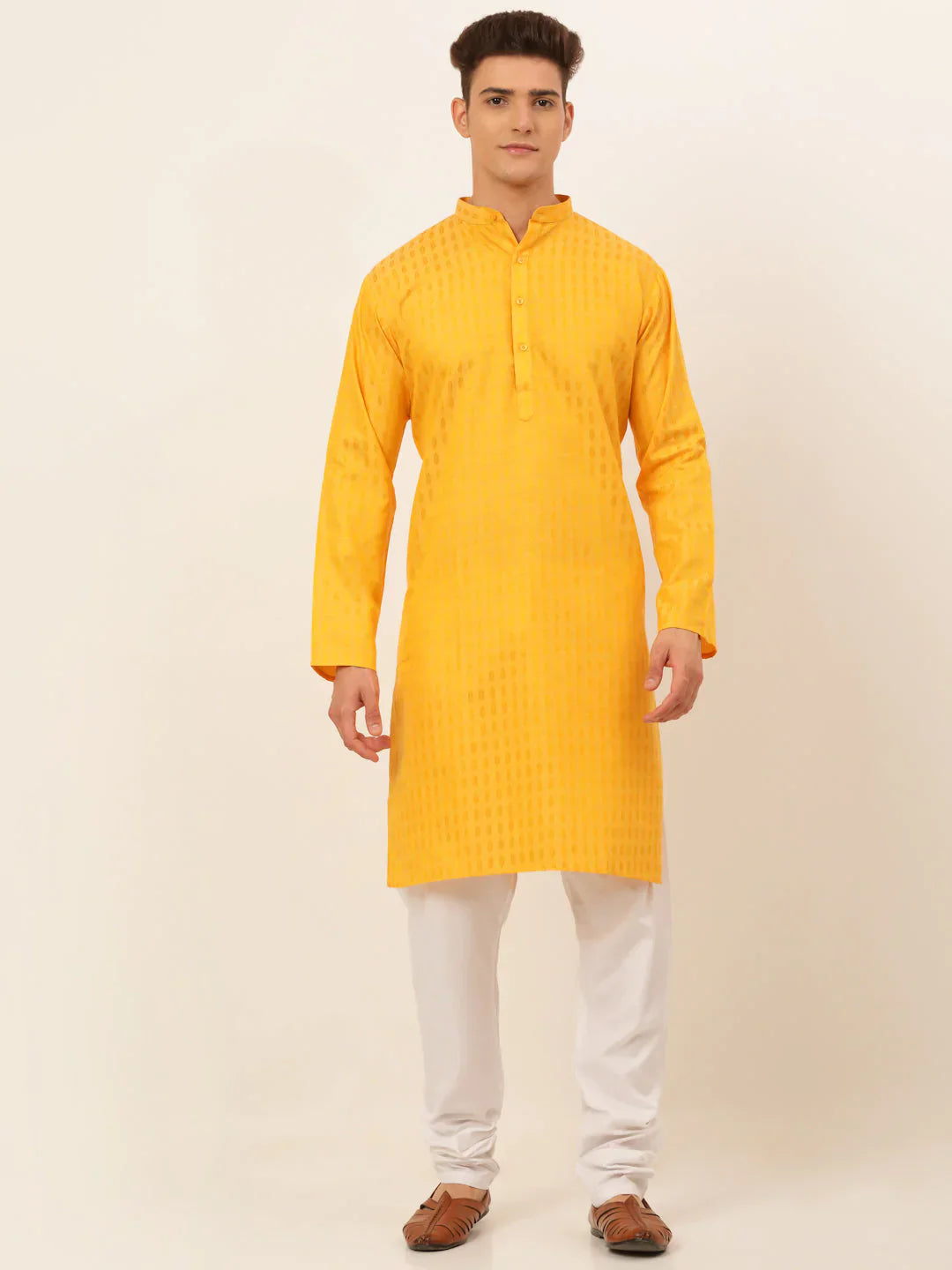 Jompers Men's Mustard Woven Design Kurta Pajama