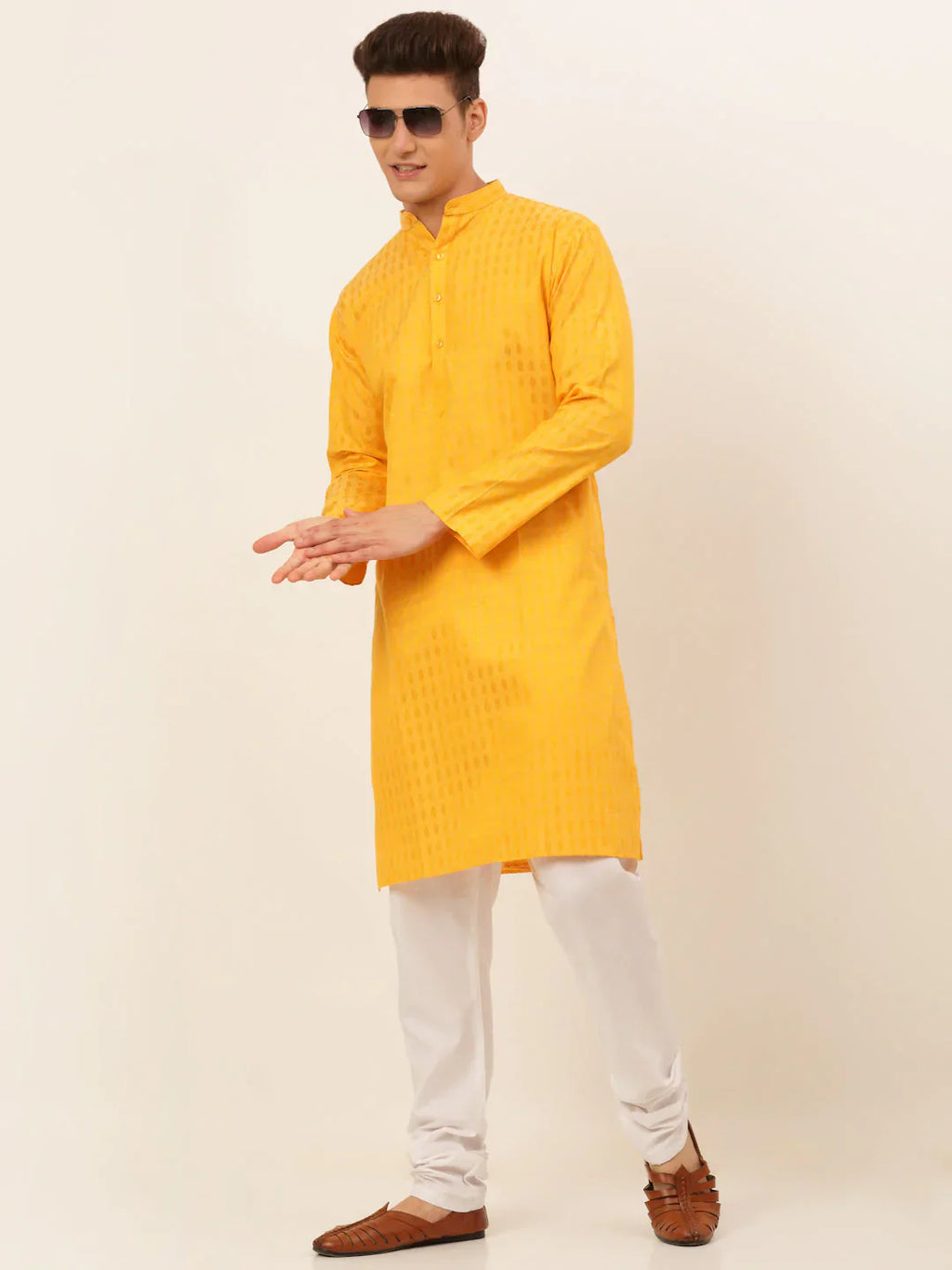 Jompers Men's Mustard Woven Design Kurta Pajama