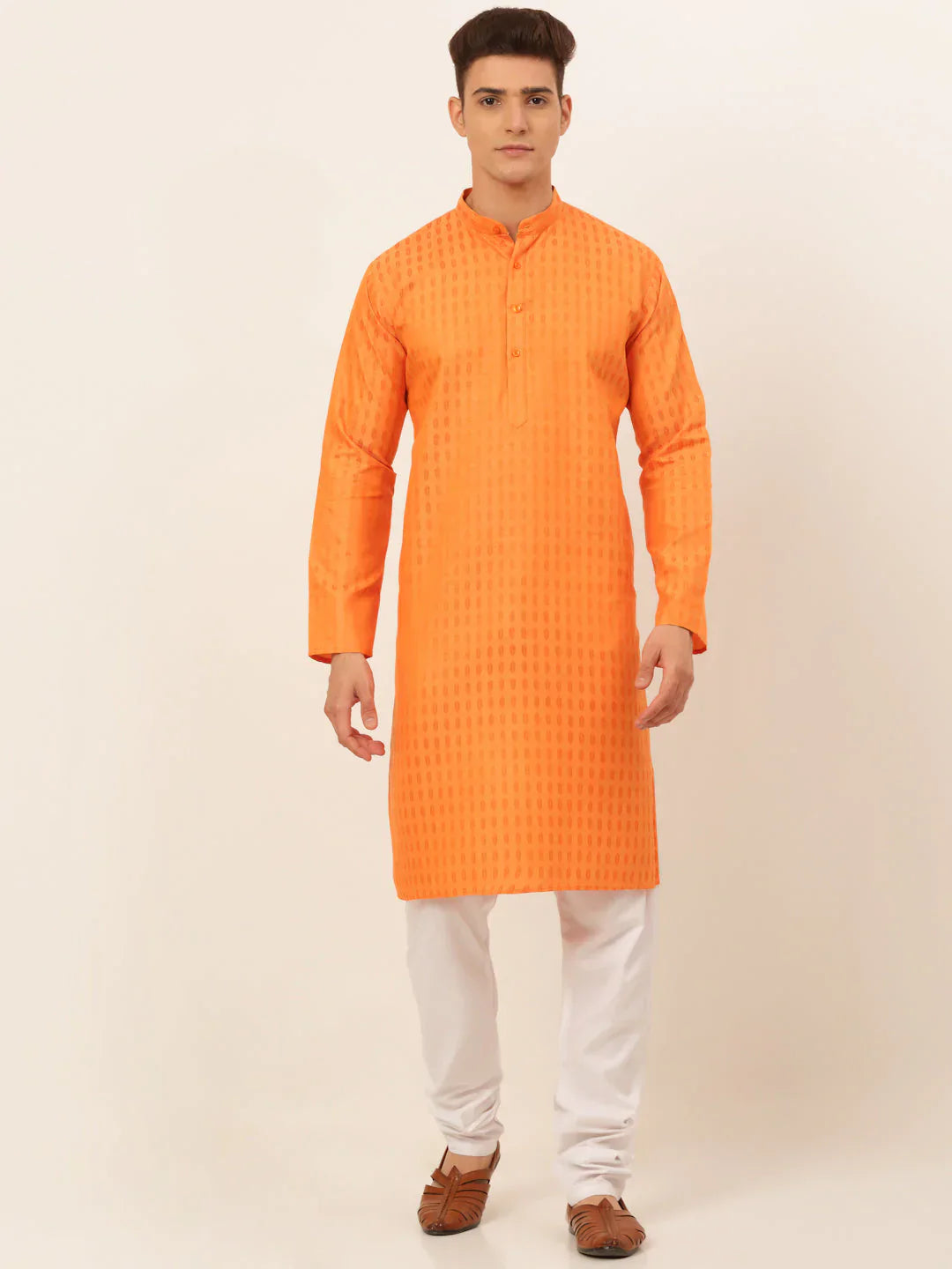 Jompers Men's Orange Woven Design Kurta Pajama