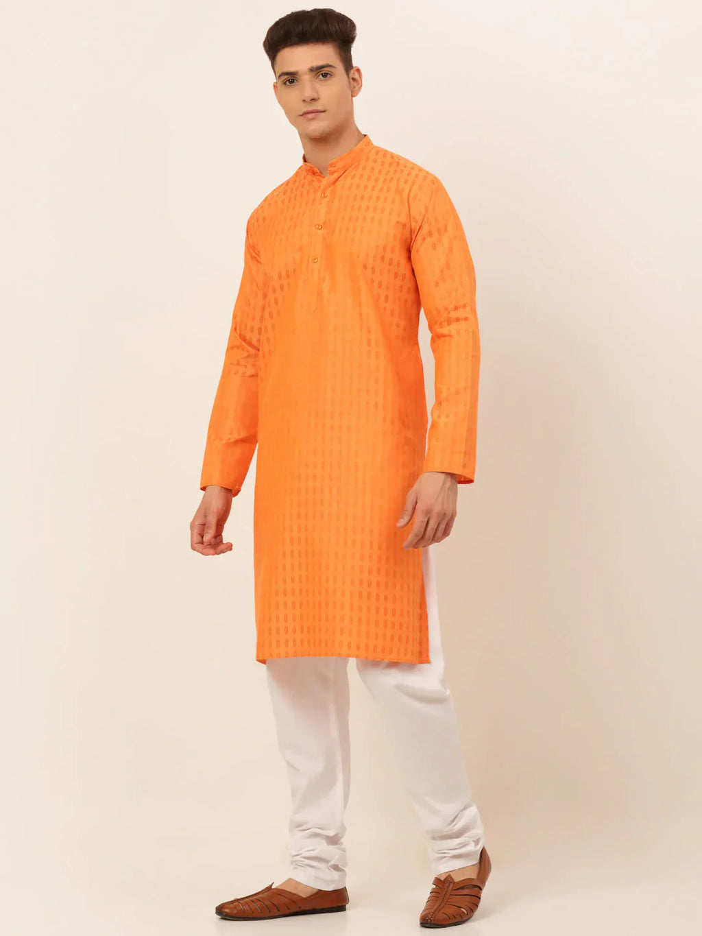 Jompers Men's Orange Woven Design Kurta Pajama