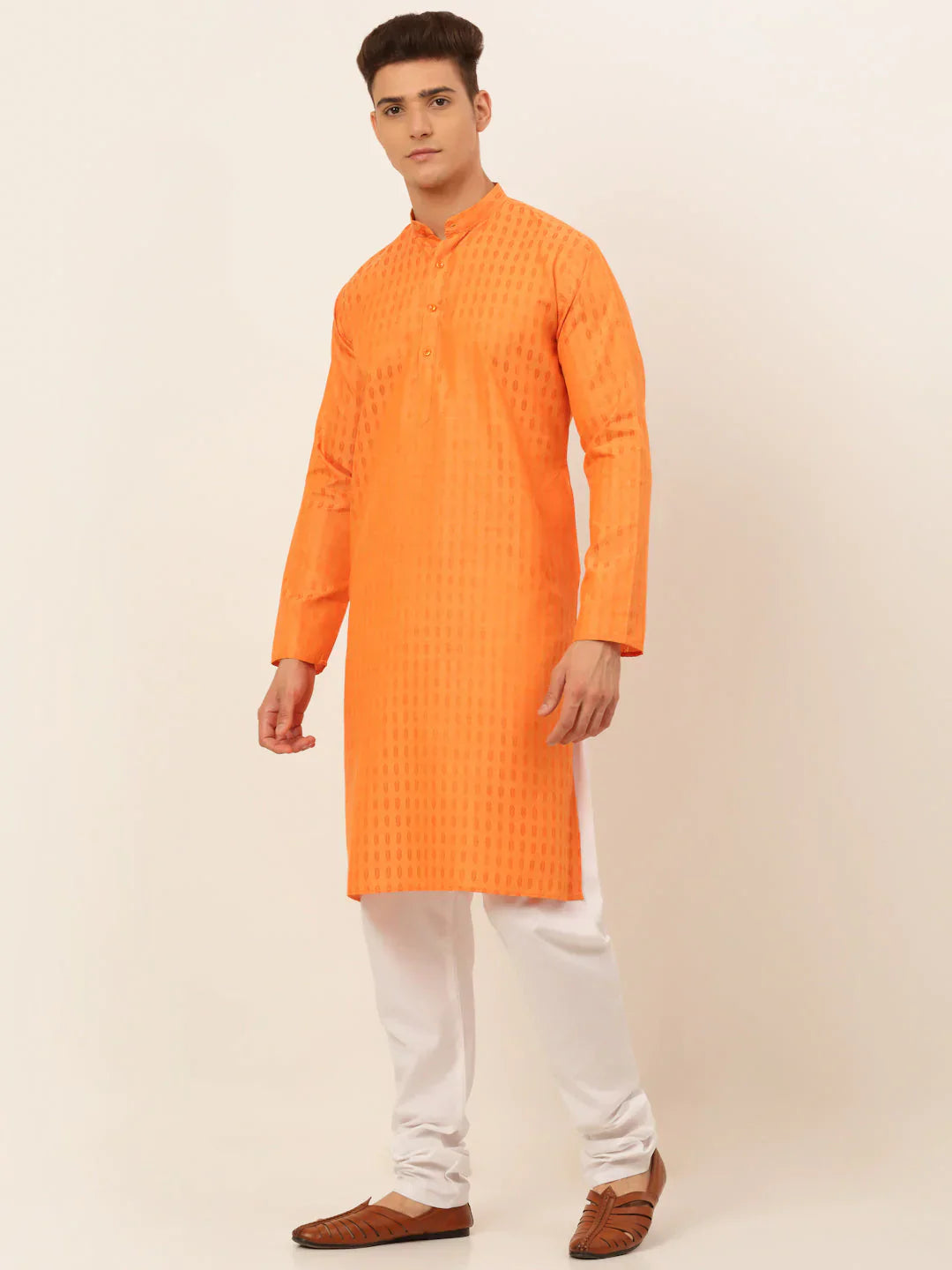 Jompers Men's Orange Woven Design Kurta Pajama