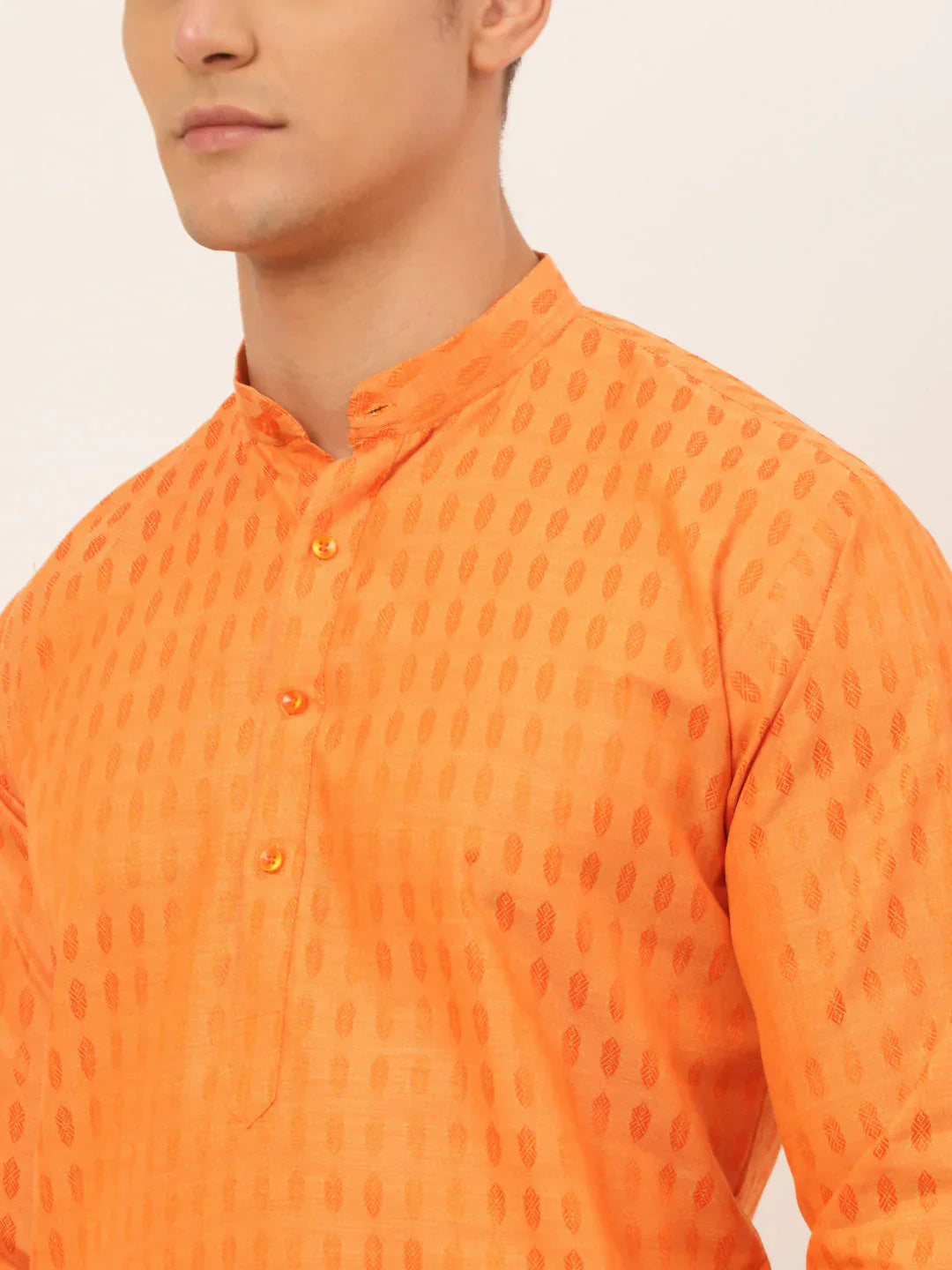 Jompers Men's Orange Woven Design Kurta Pajama