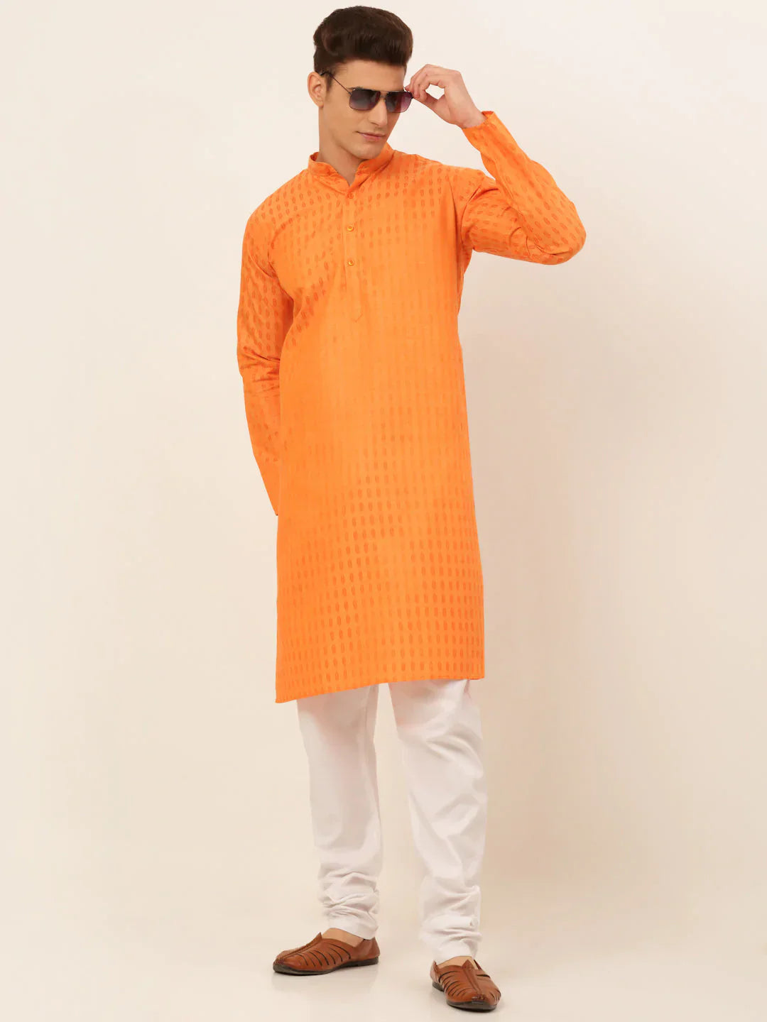 Jompers Men's Orange Woven Design Kurta Pajama
