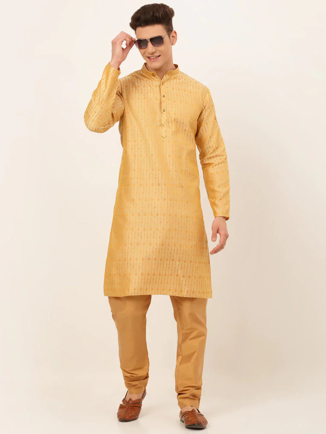 Jompers Men's Golden Embroidered Kurta Payjama Sets