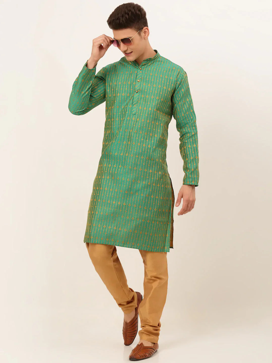 Jompers Men's Green Embroidered Kurta Payjama Sets