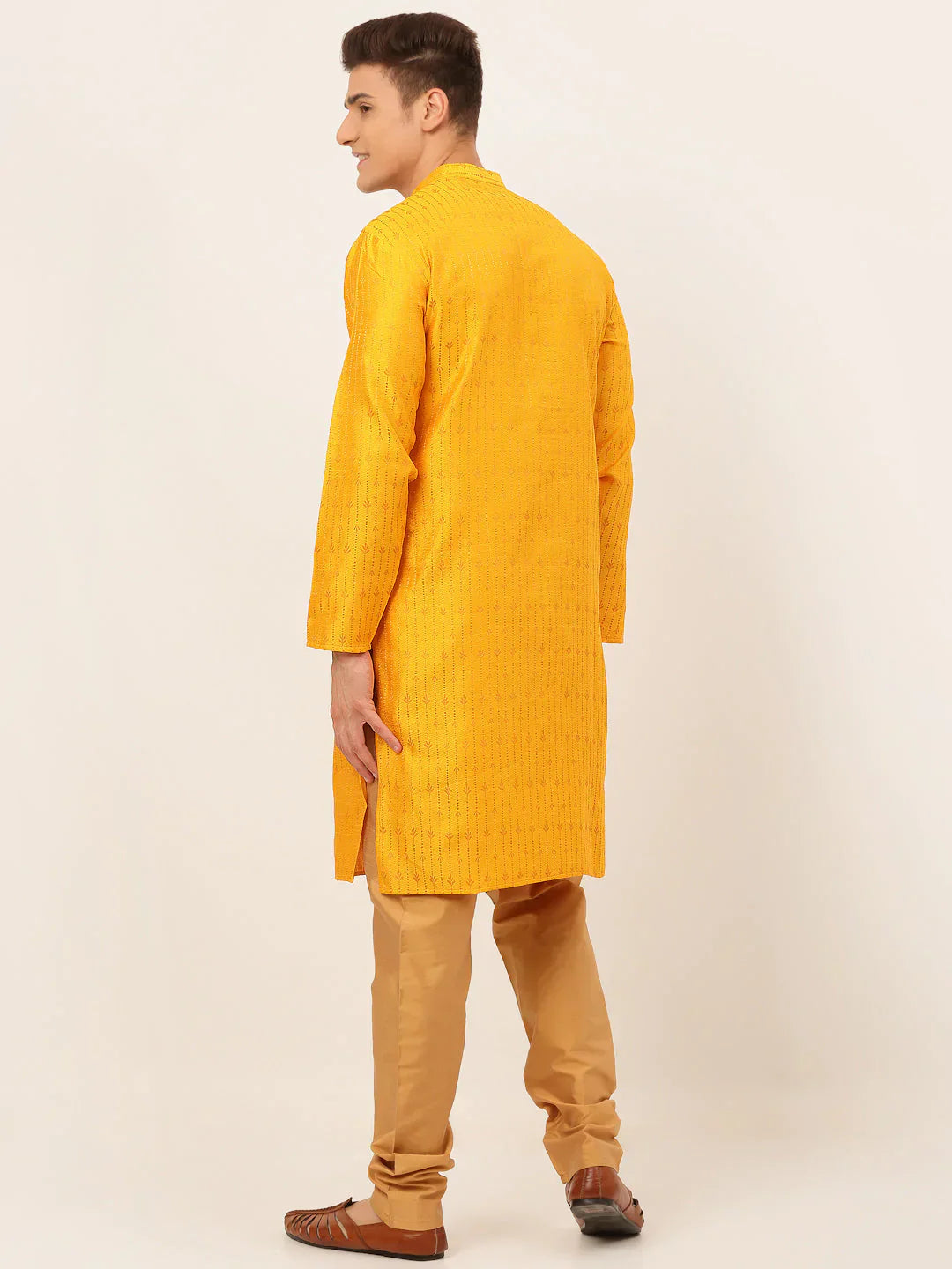 Jompers Men's Mustard Embroidered Kurta Payjama Sets