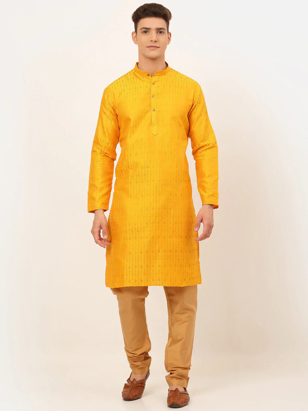 Jompers Men's Mustard Embroidered Kurta Payjama Sets