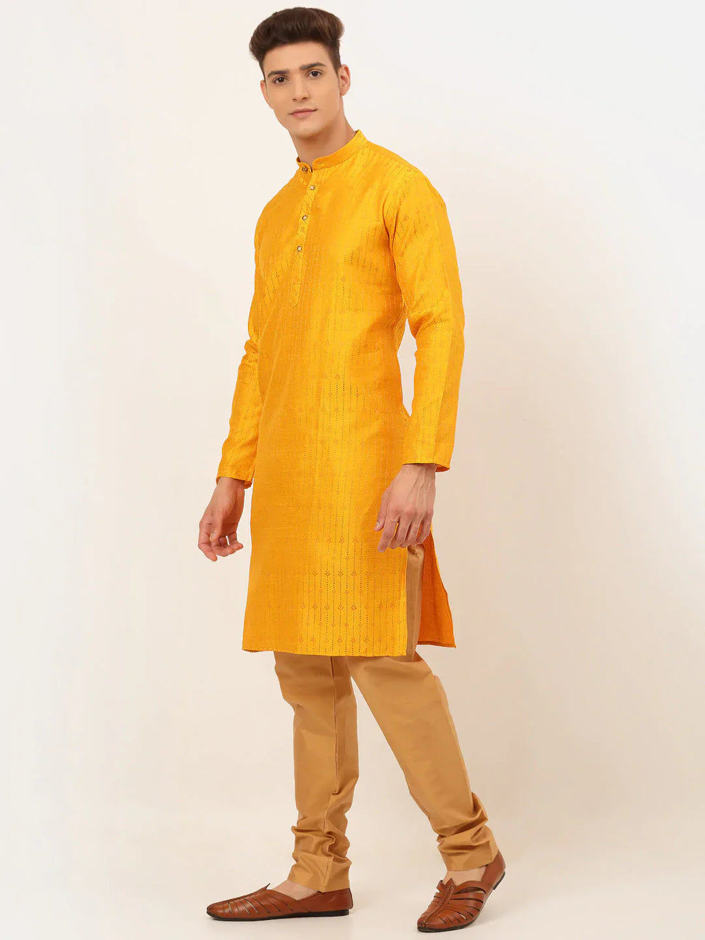 Jompers Men's Mustard Embroidered Kurta Payjama Sets