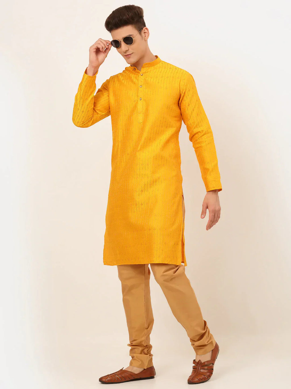 Jompers Men's Mustard Embroidered Kurta Payjama Sets