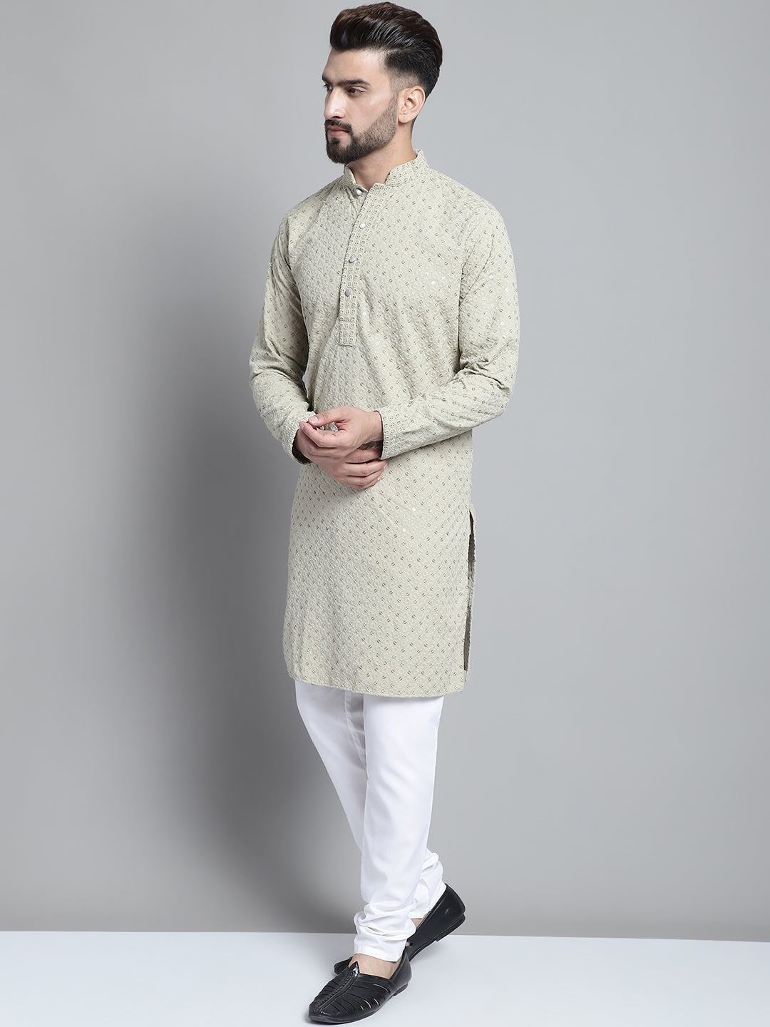 Jompers Men's Beige Chikankari Embroidered and Sequence Kurta with Churidar