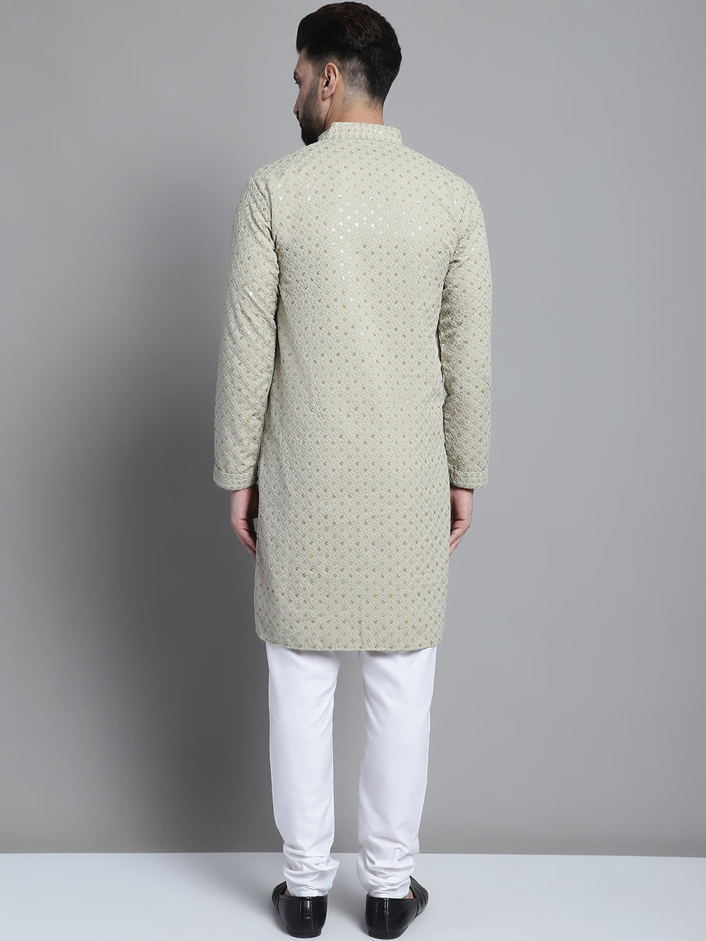 Jompers Men's Beige Chikankari Embroidered and Sequence Kurta with Churidar