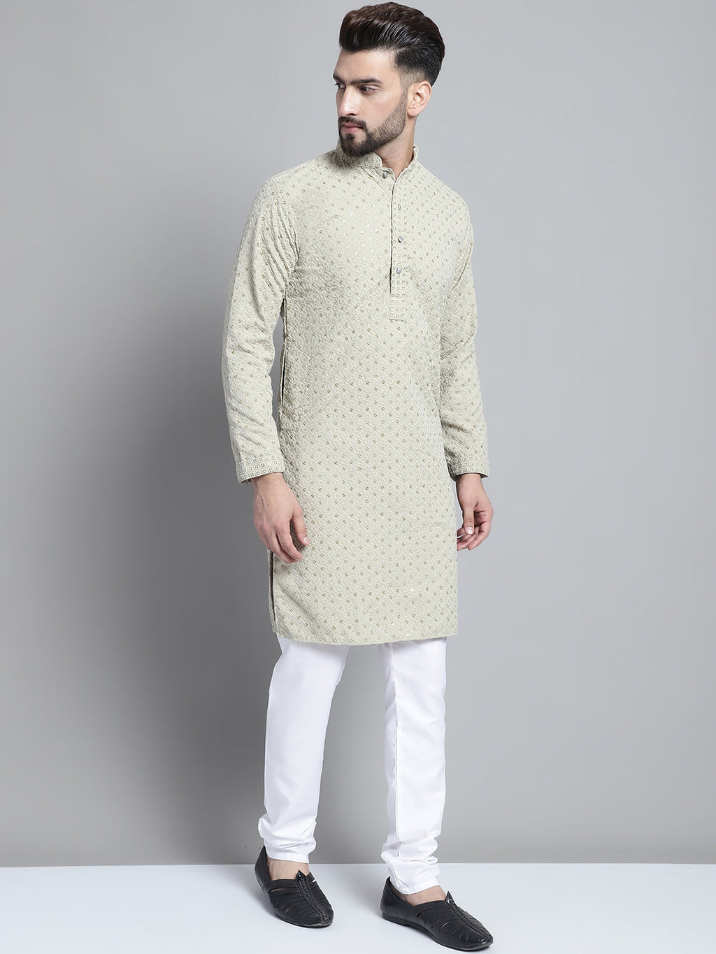 Jompers Men's Beige Chikankari Embroidered and Sequence Kurta with Churidar