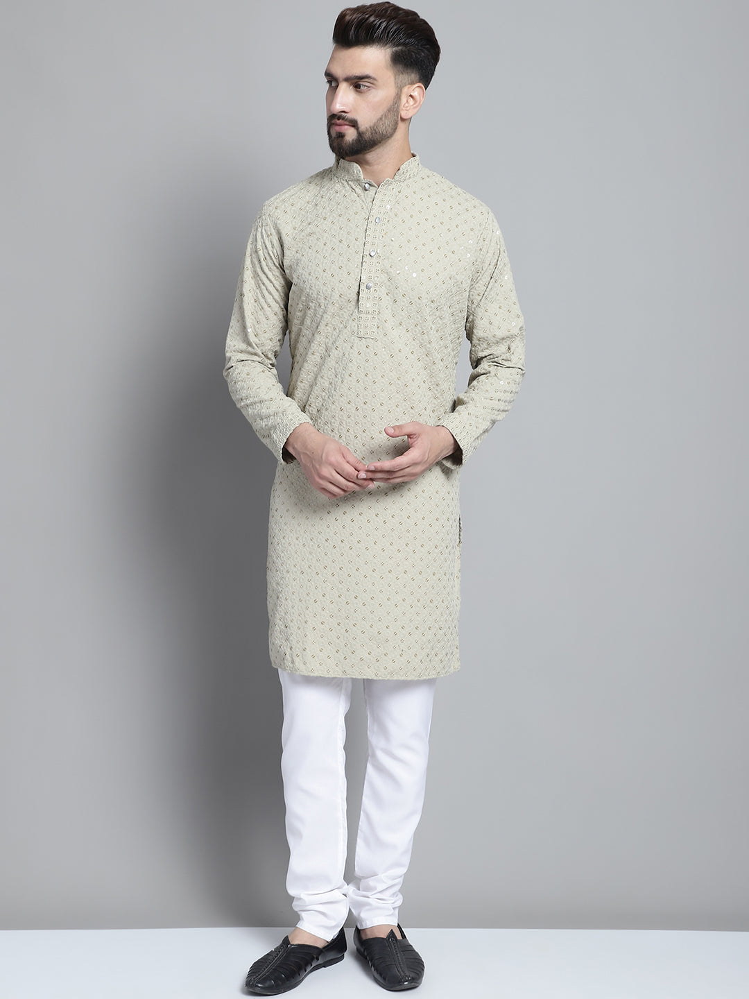 Jompers Men's Beige Chikankari Embroidered and Sequence Kurta with Churidar