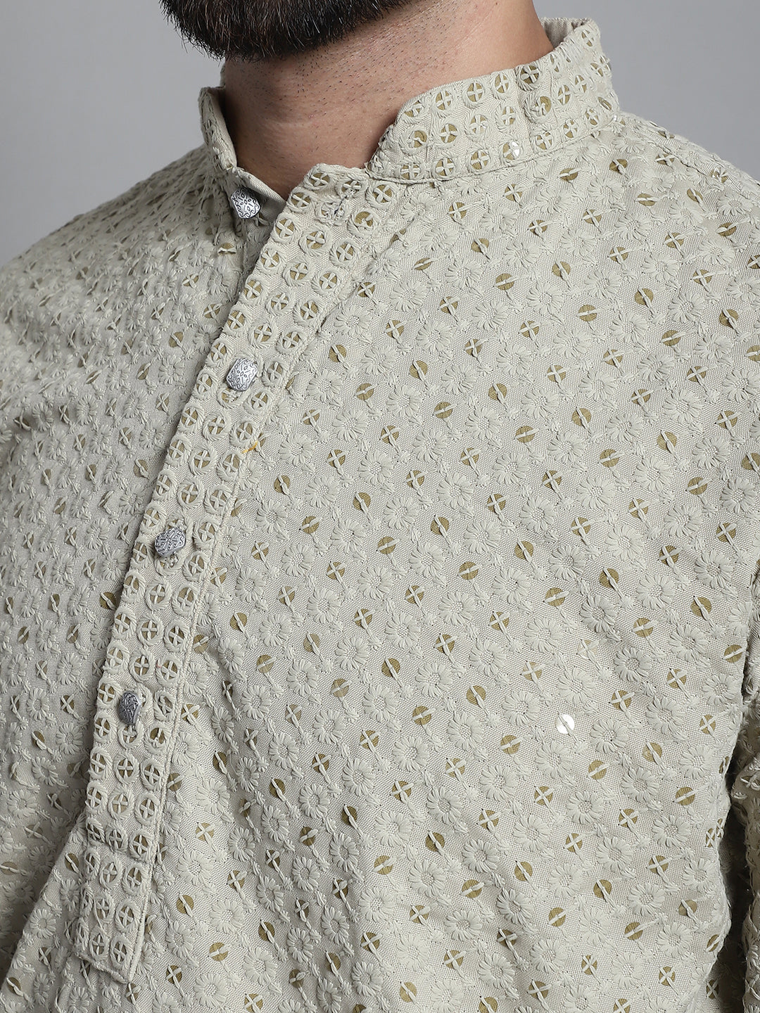 Jompers Men's Beige Chikankari Embroidered and Sequence Kurta with Churidar