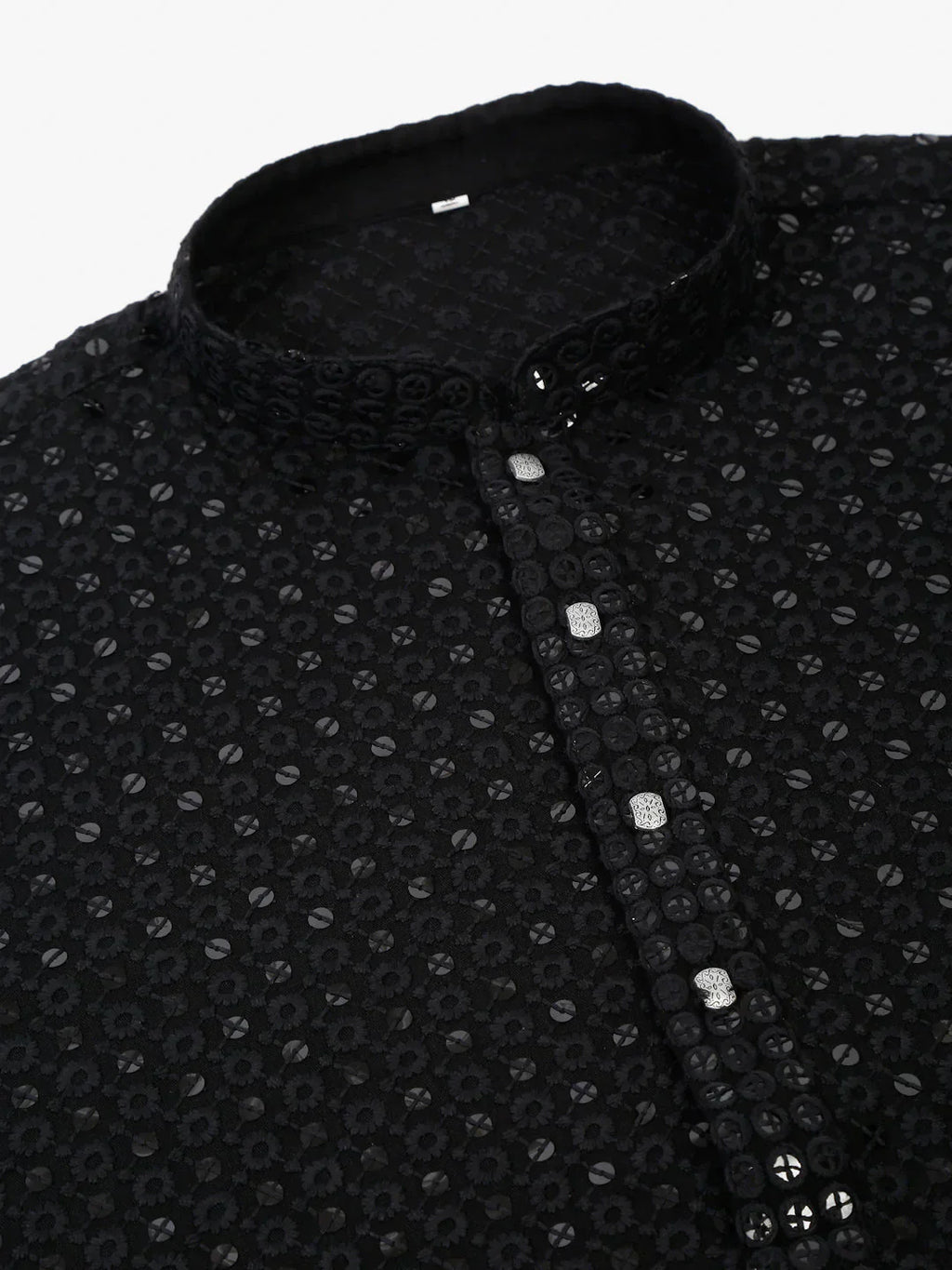 Jompers Men's Black Chikankari Embroidered and Sequence Kurta with Churidar