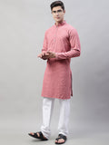 Jompers Men's Coral Red Chikankari Embroidered and Sequence Kurta with Churidar