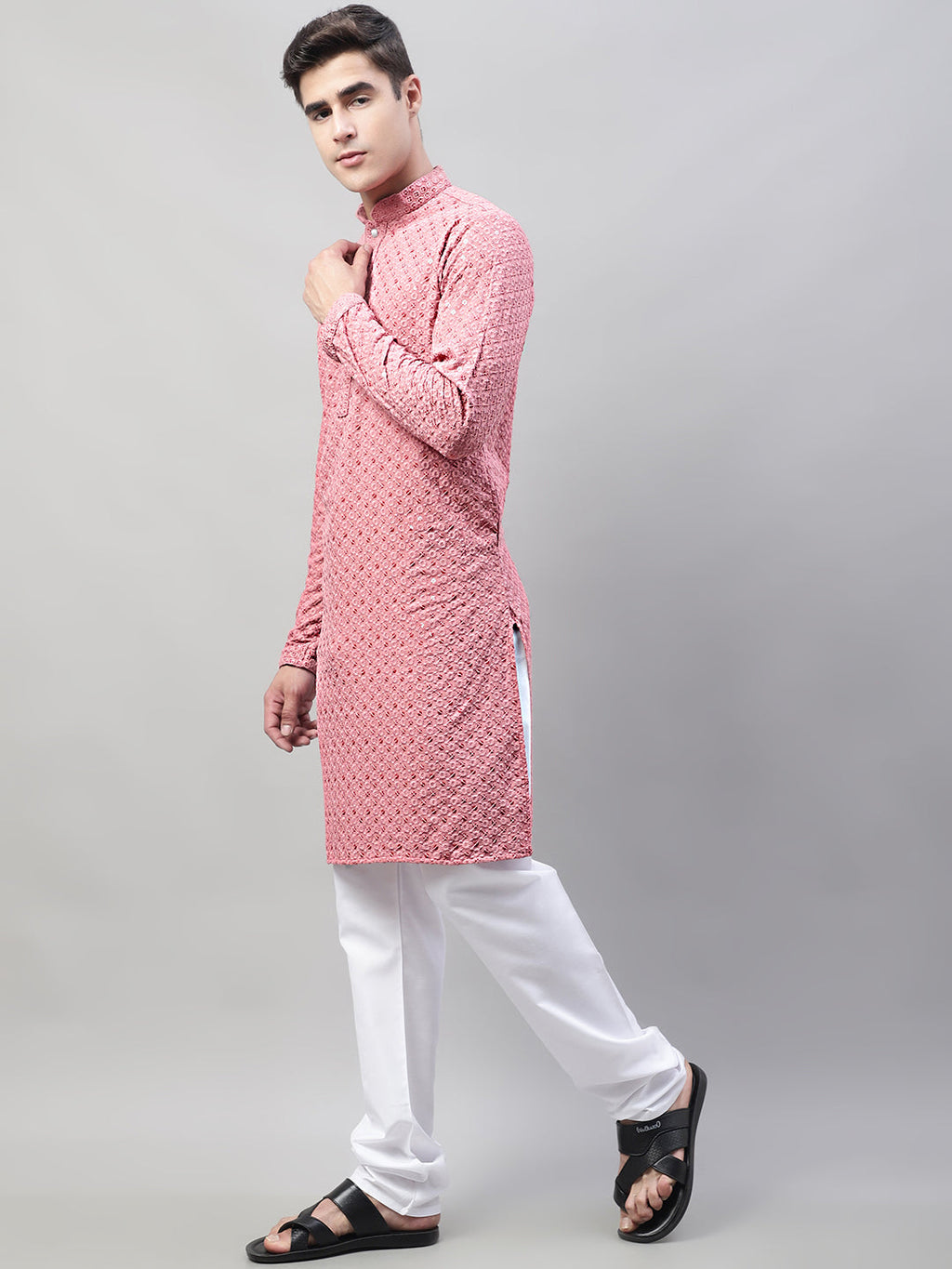 Jompers Men's Coral Red Chikankari Embroidered and Sequence Kurta with Churidar