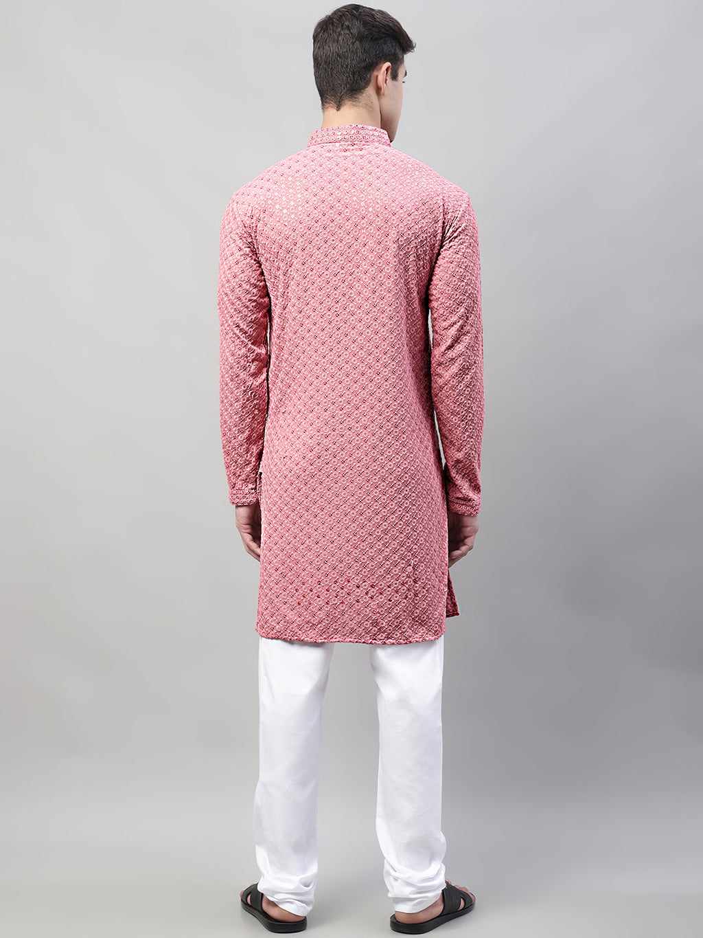 Jompers Men's Coral Red Chikankari Embroidered and Sequence Kurta with Churidar