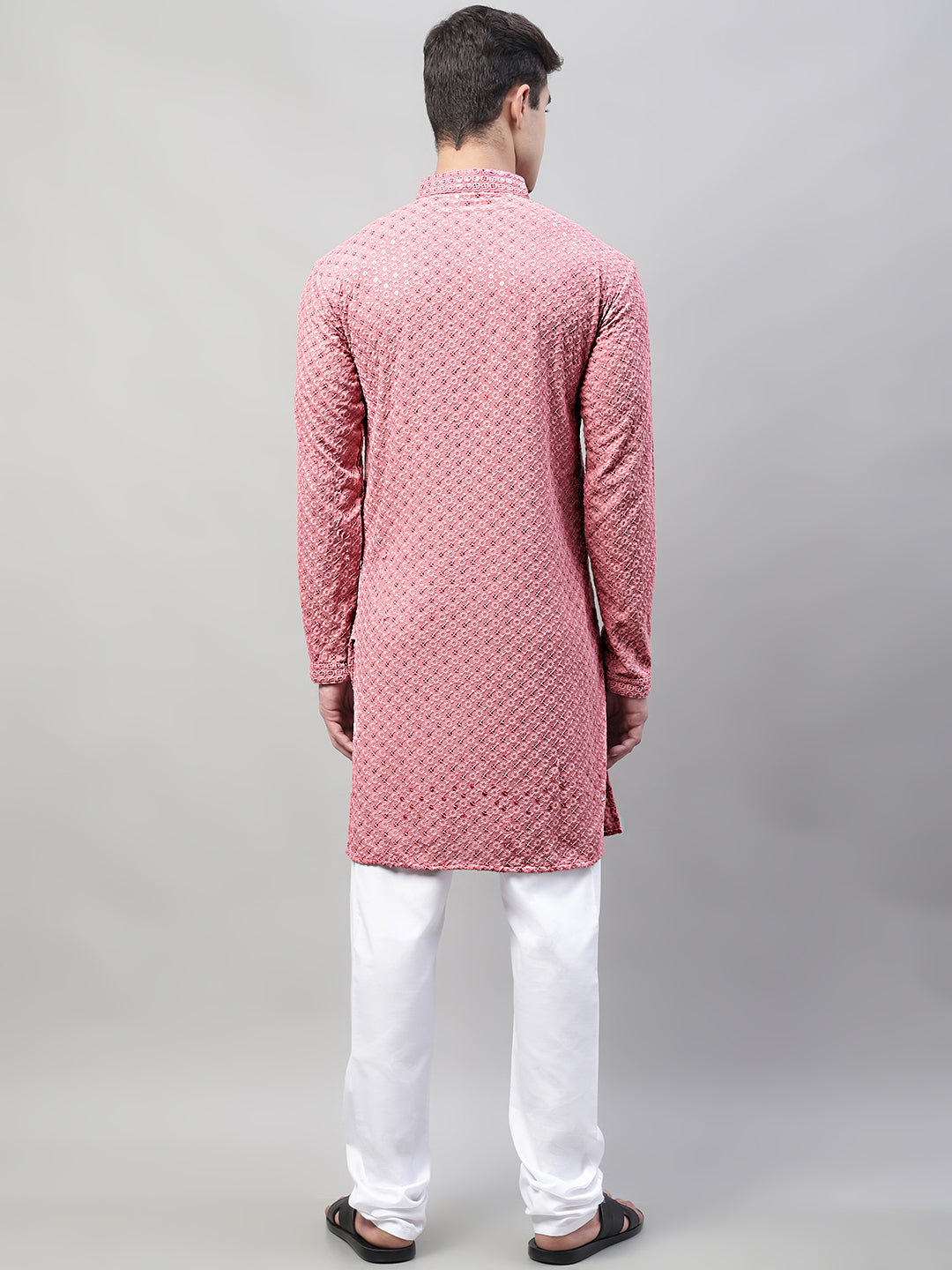 Jompers Men's Coral Red Chikankari Embroidered and Sequence Kurta with Churidar