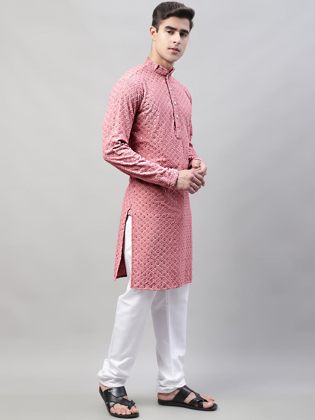 Jompers Men's Coral Red Chikankari Embroidered and Sequence Kurta with Churidar