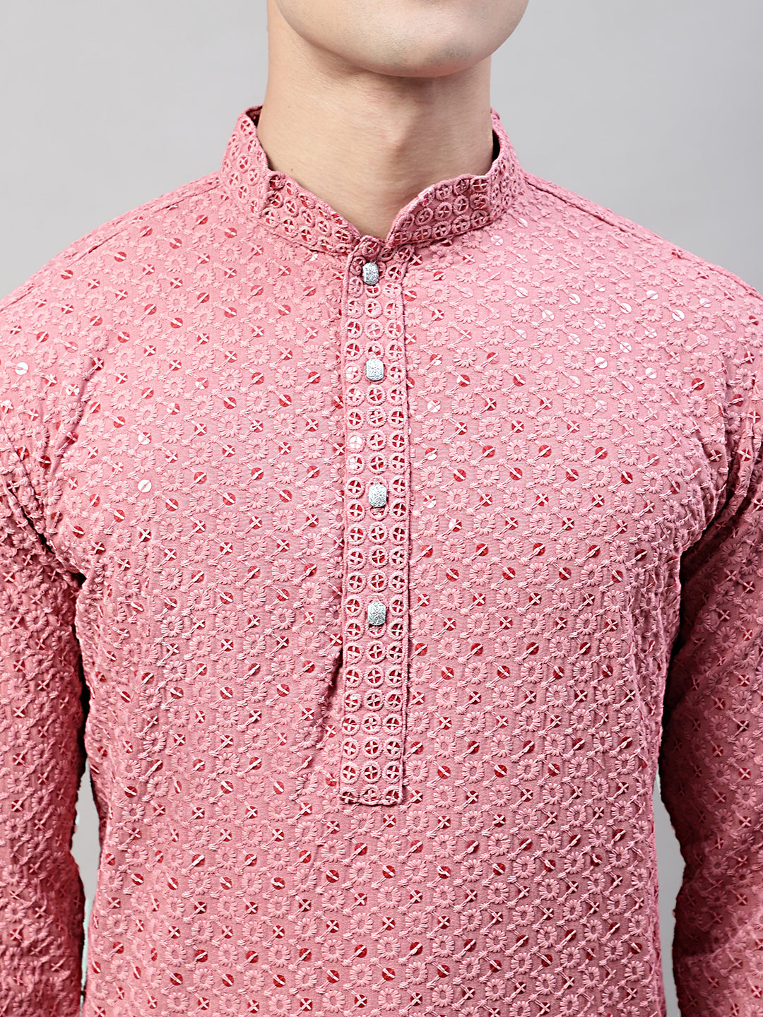 Jompers Men's Coral Red Chikankari Embroidered and Sequence Kurta with Churidar