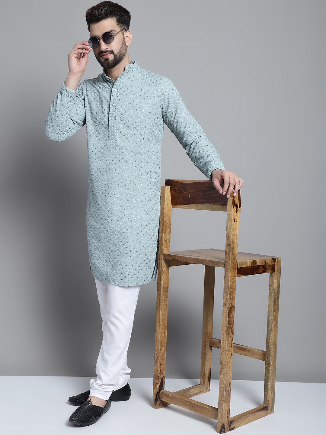 Jompers Men's Blue Chikankari Embroidered and Sequence Kurta with Churidar