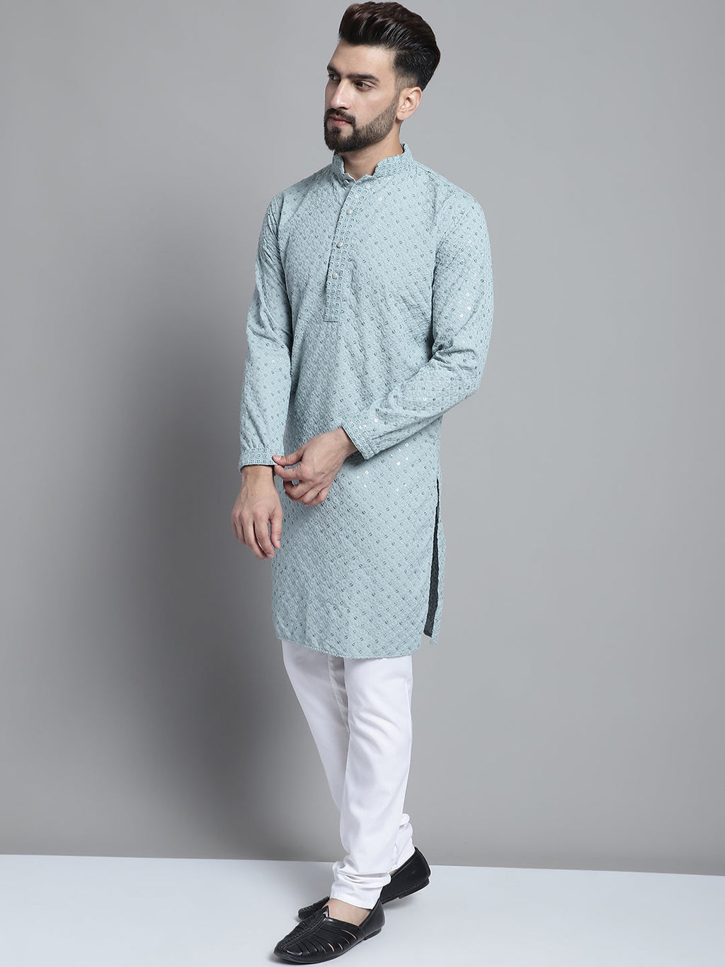 Jompers Men's Blue Chikankari Embroidered and Sequence Kurta with Churidar