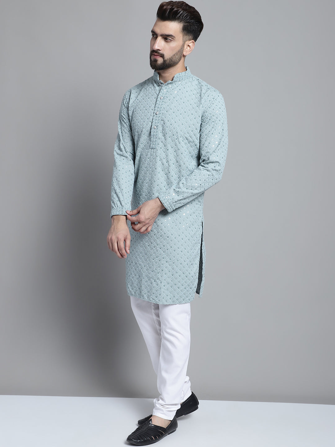 Jompers Men's Blue Chikankari Embroidered and Sequence Kurta with Churidar