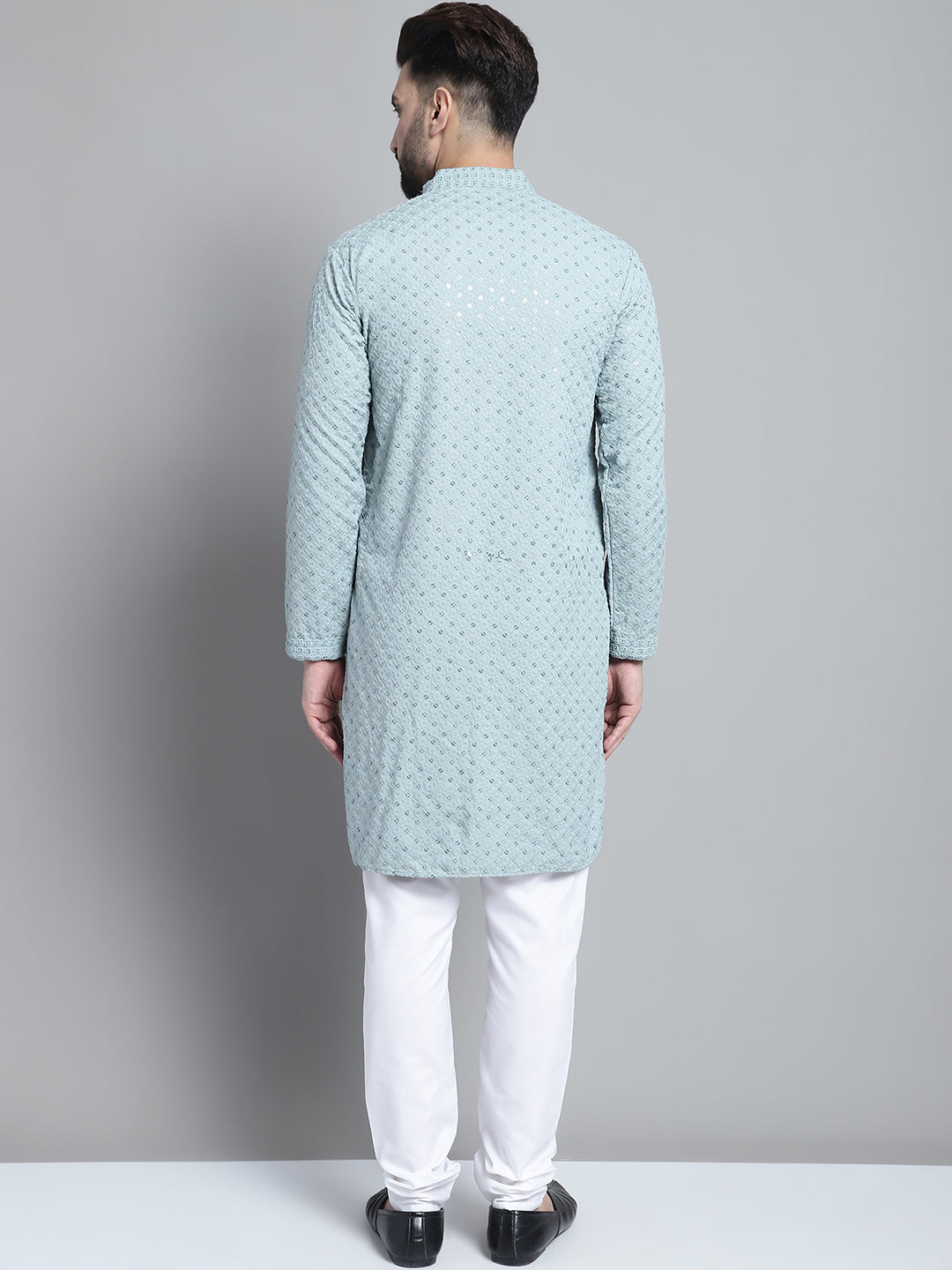 Jompers Men's Blue Chikankari Embroidered and Sequence Kurta with Churidar