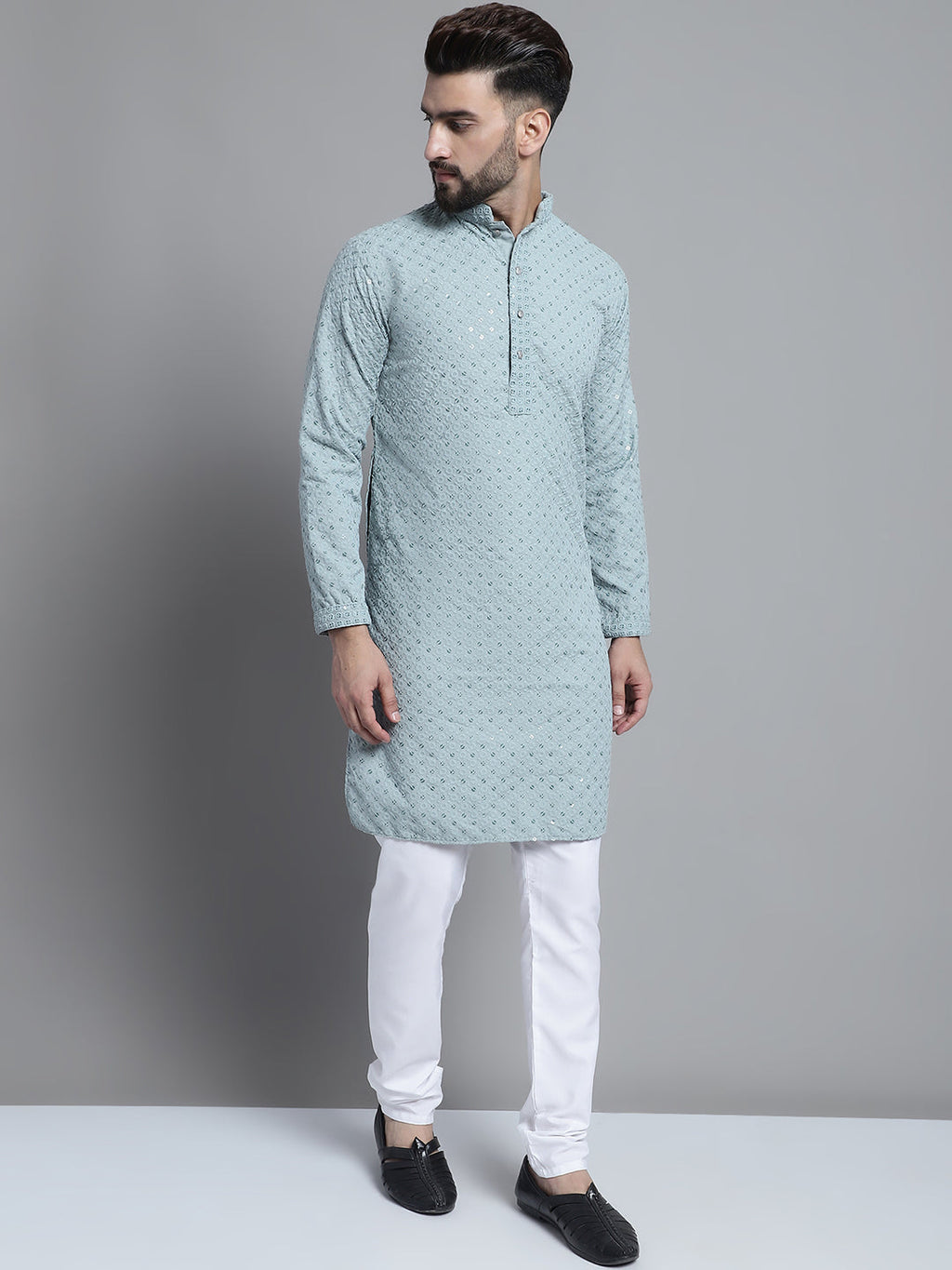 Jompers Men's Blue Chikankari Embroidered and Sequence Kurta with Churidar