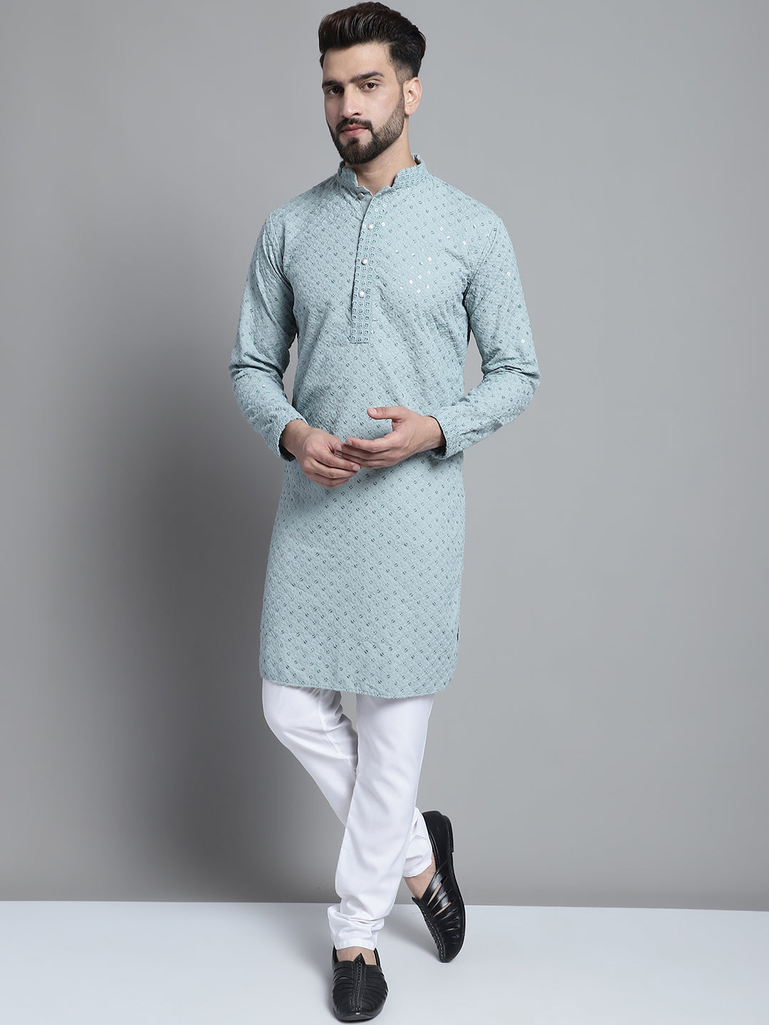 Jompers Men's Blue Chikankari Embroidered and Sequence Kurta with Churidar