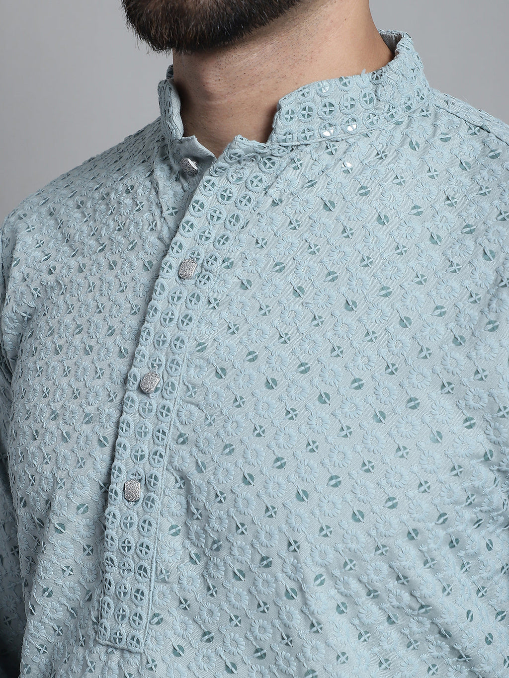 Jompers Men's Blue Chikankari Embroidered and Sequence Kurta with Churidar