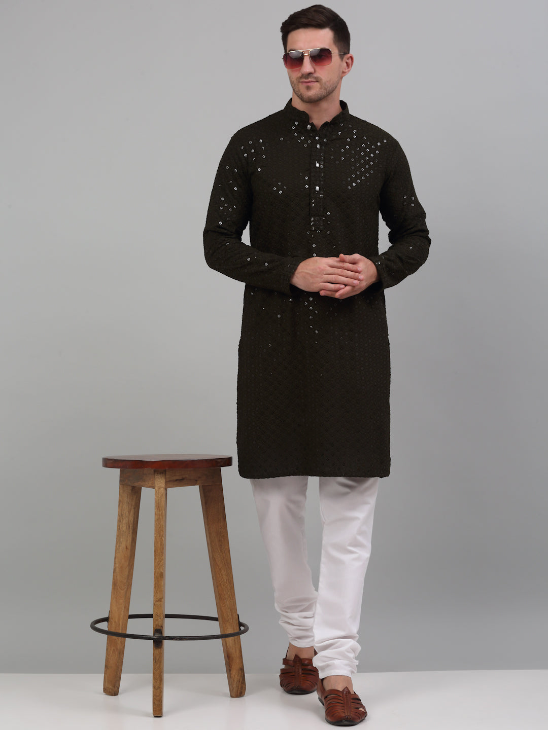 Jompers Men's Mehndi Green Chikankari Embroidered and Sequence Kurta with Churidar