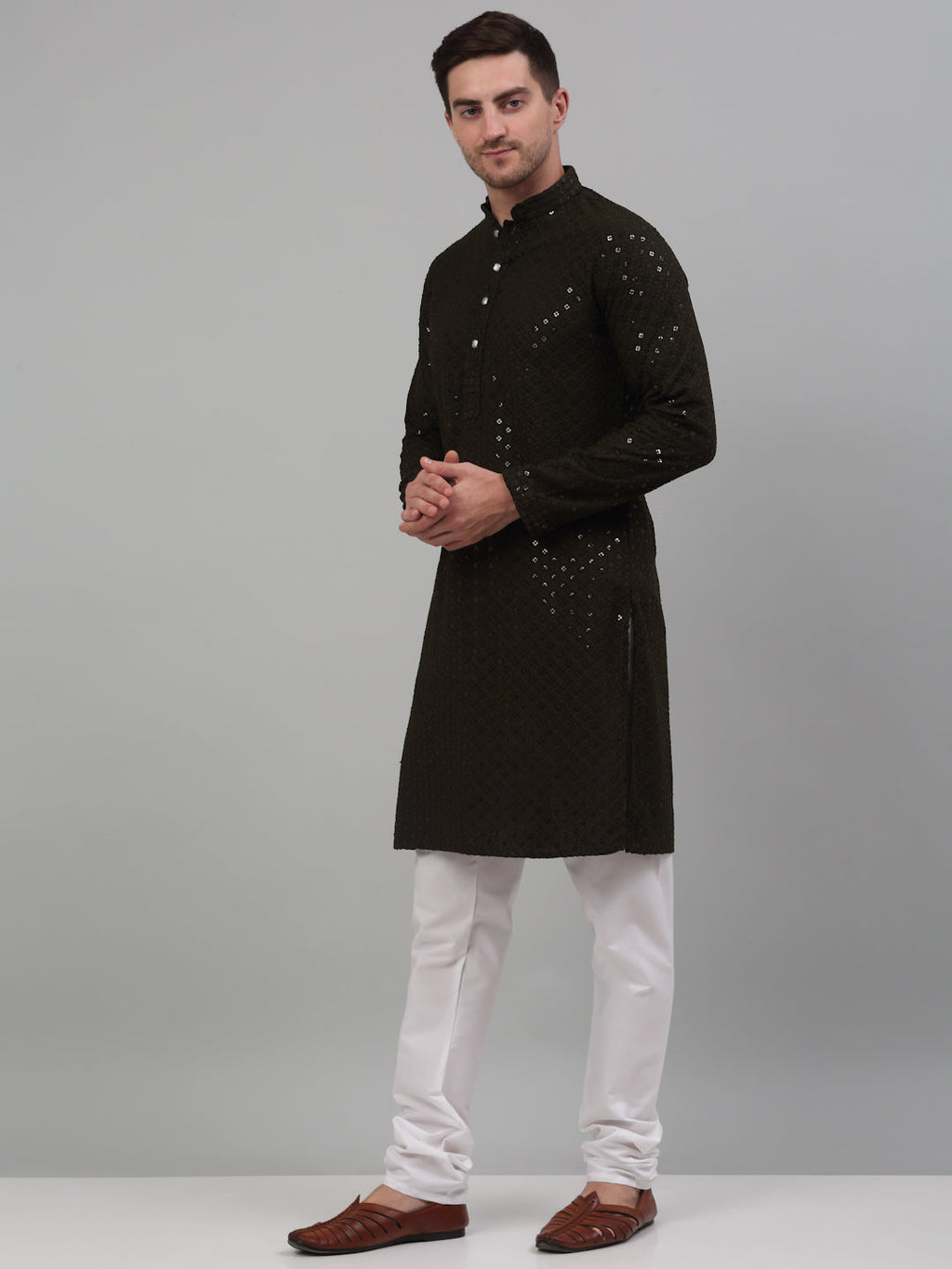 Jompers Men's Mehndi Green Chikankari Embroidered and Sequence Kurta with Churidar