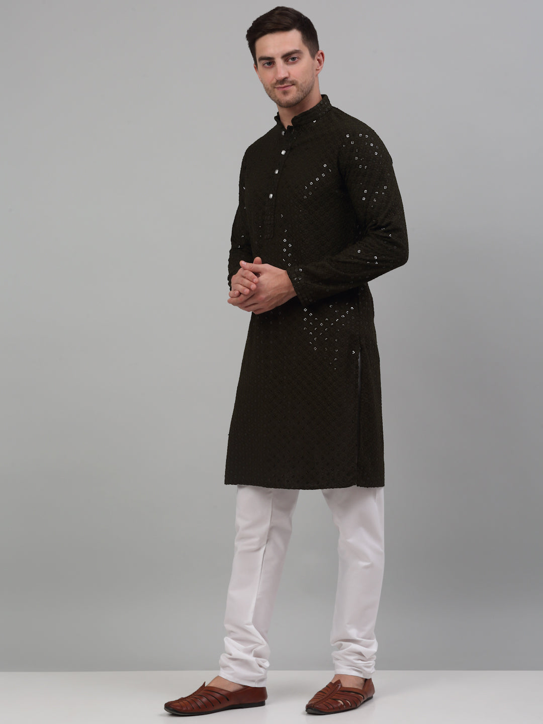 Jompers Men's Mehndi Green Chikankari Embroidered and Sequence Kurta with Churidar