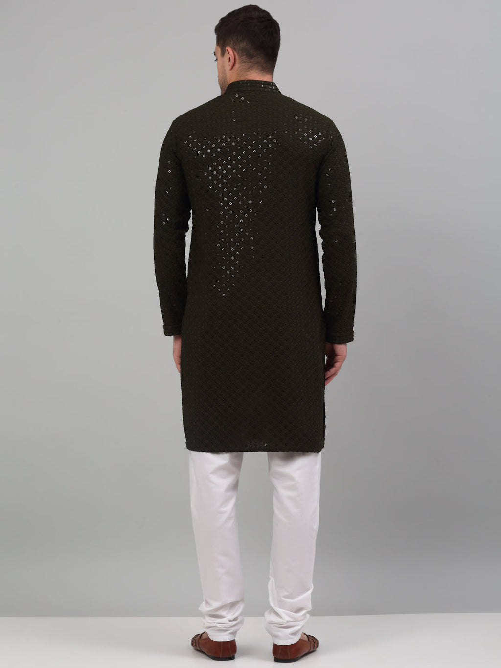 Jompers Men's Mehndi Green Chikankari Embroidered and Sequence Kurta with Churidar