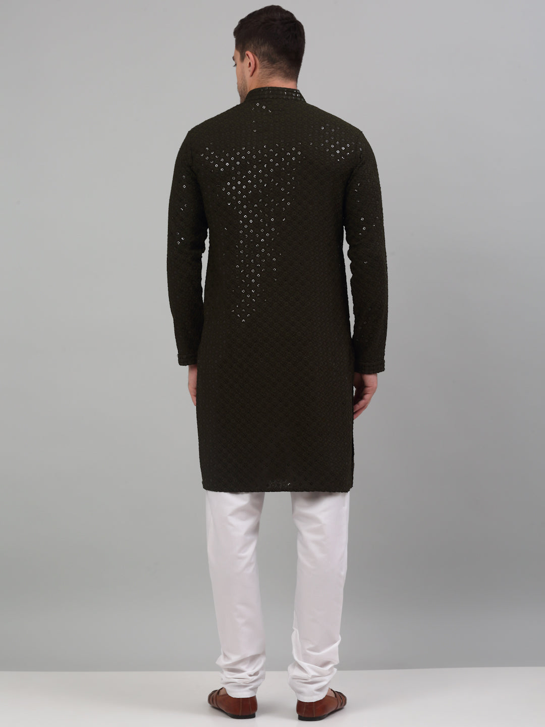 Jompers Men's Mehndi Green Chikankari Embroidered and Sequence Kurta with Churidar