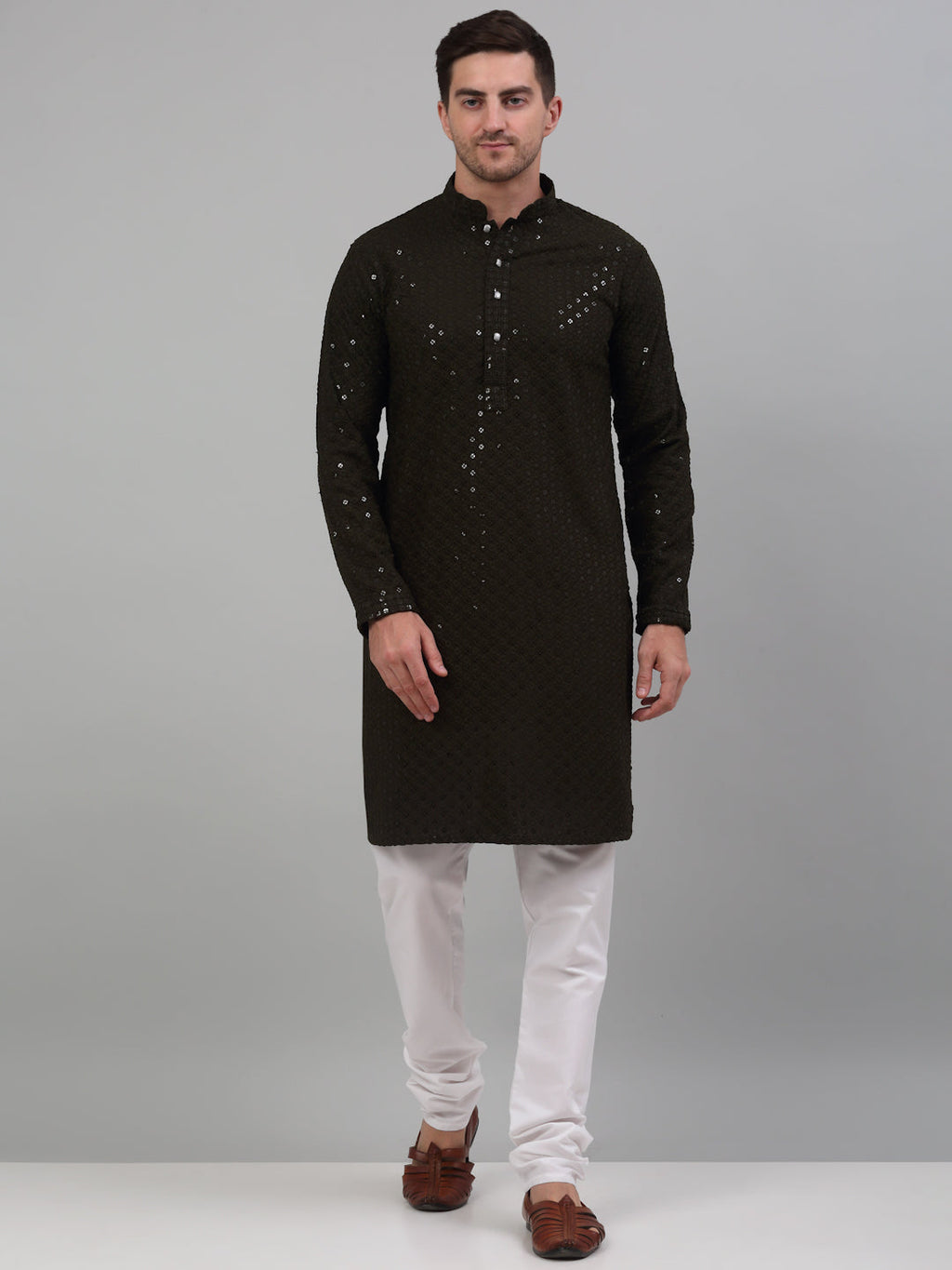 Jompers Men's Mehndi Green Chikankari Embroidered and Sequence Kurta with Churidar