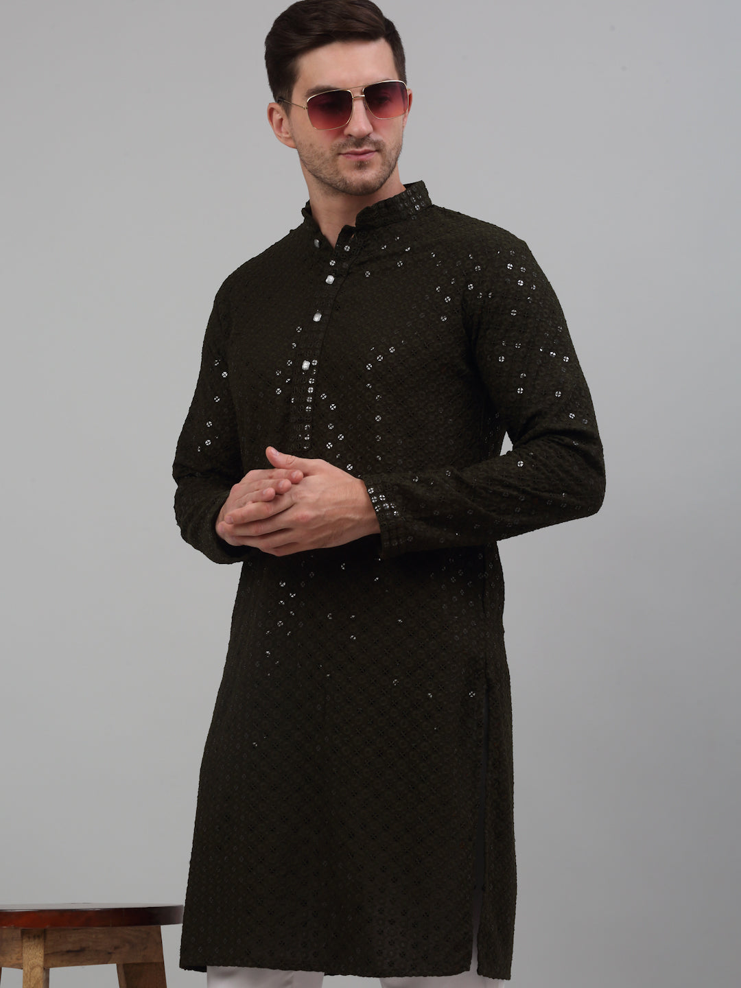 Jompers Men's Mehndi Green Chikankari Embroidered and Sequence Kurta with Churidar