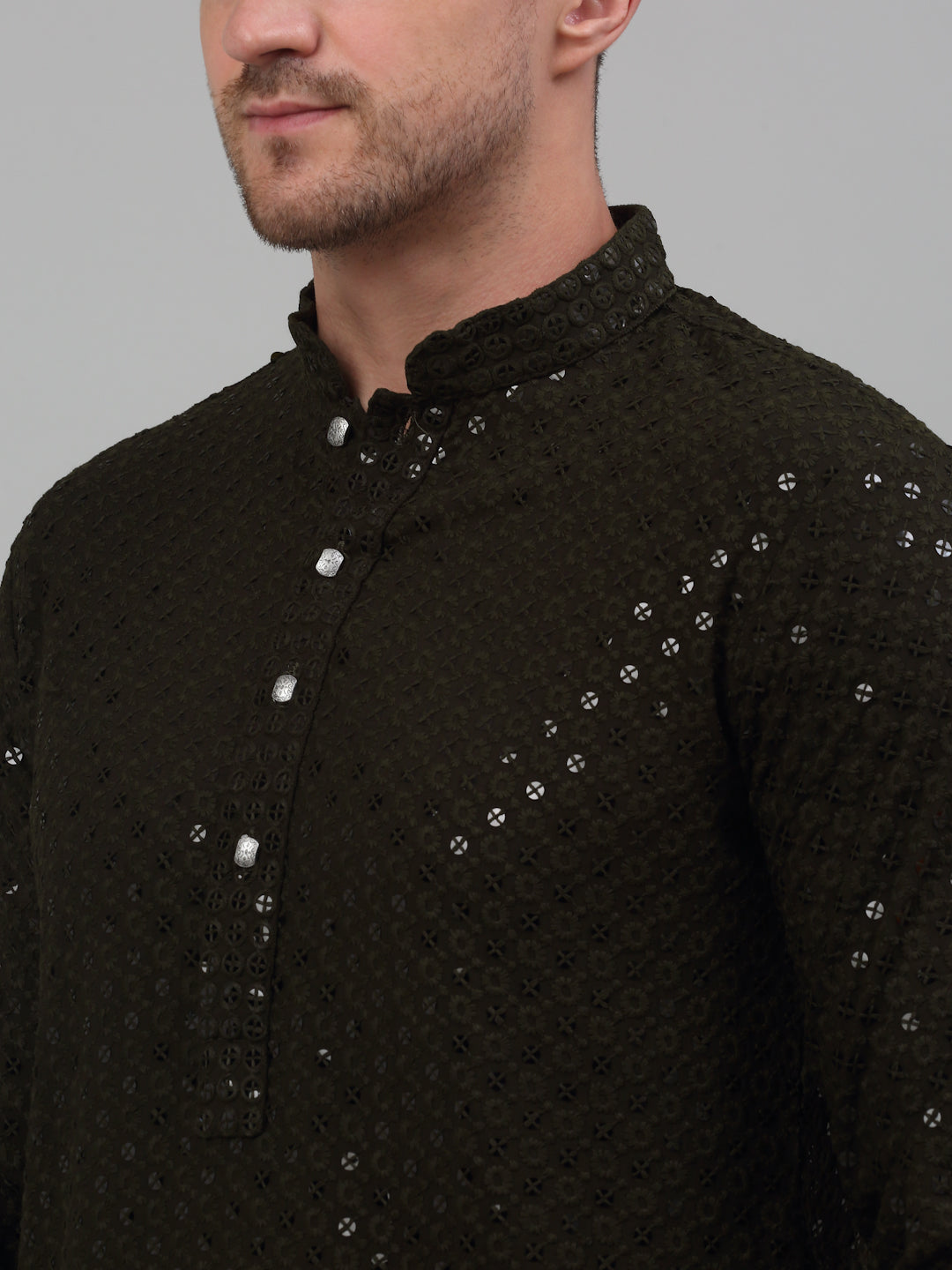 Jompers Men's Mehndi Green Chikankari Embroidered and Sequence Kurta with Churidar