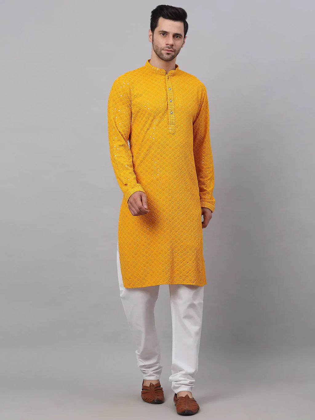 Jompers Men's Mustard Chikankari Embroidered and Sequence Kurta with Churidar