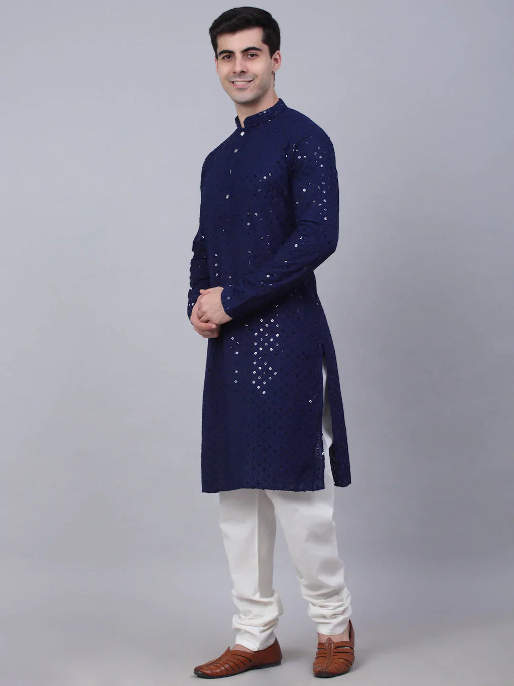Jompers Men's Navy Blue Chikankari Embroidered and Sequence Kurta with Churidar