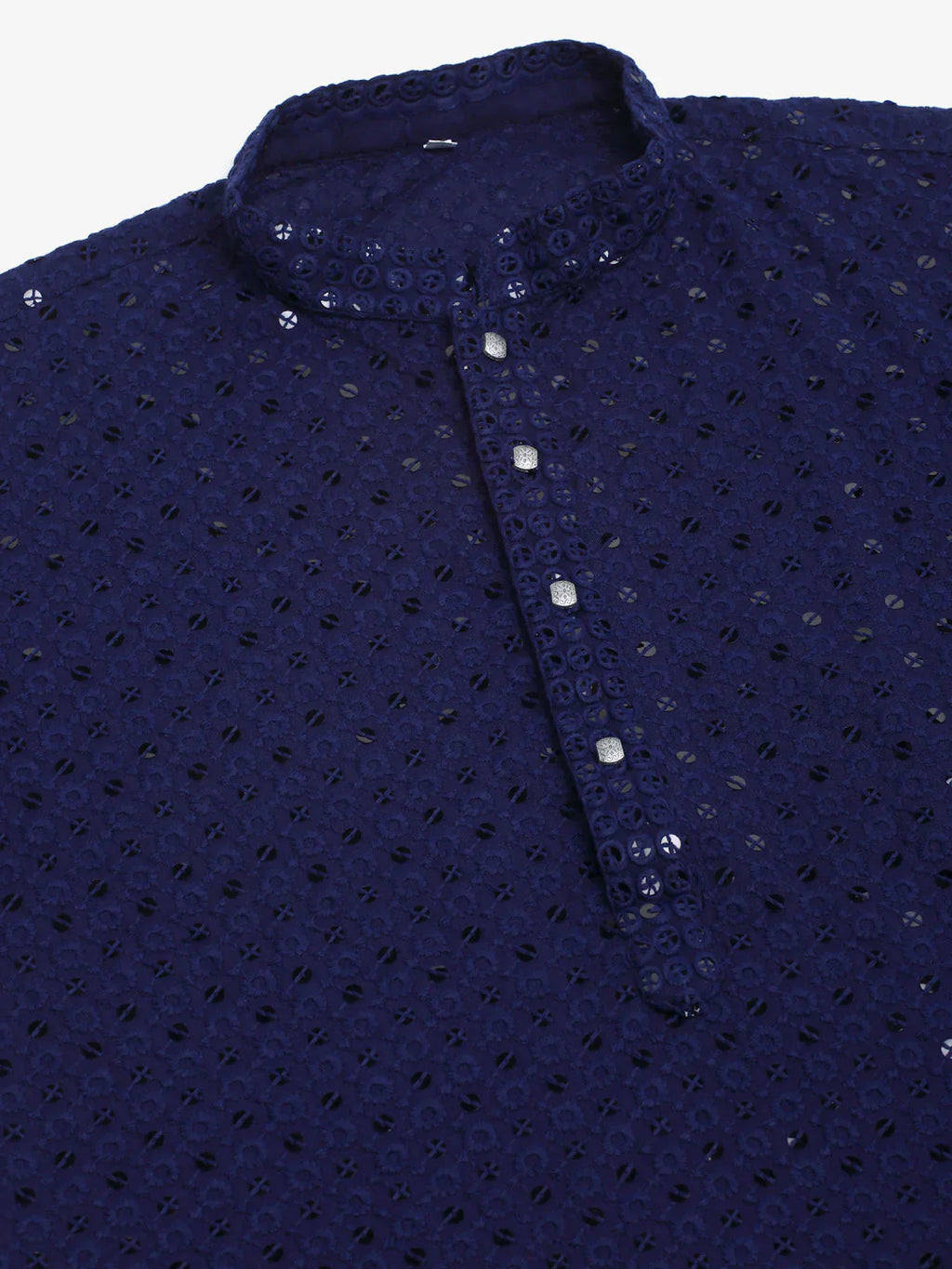 Jompers Men's Navy Blue Chikankari Embroidered and Sequence Kurta with Churidar