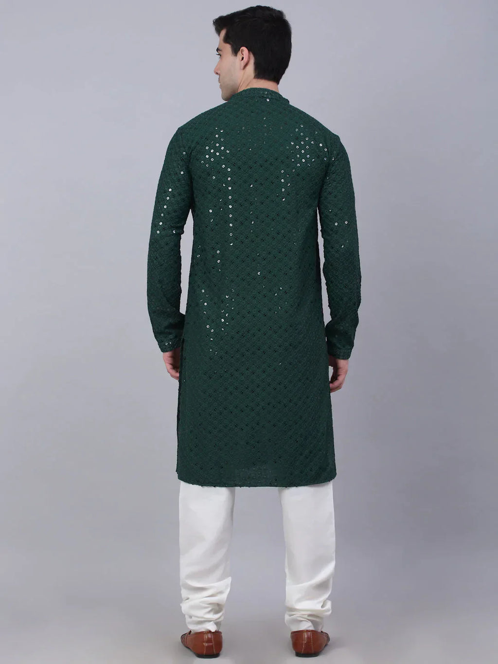 Jompers Men's Olive Green Chikankari Embroidered and Sequence Kurta with Churidar