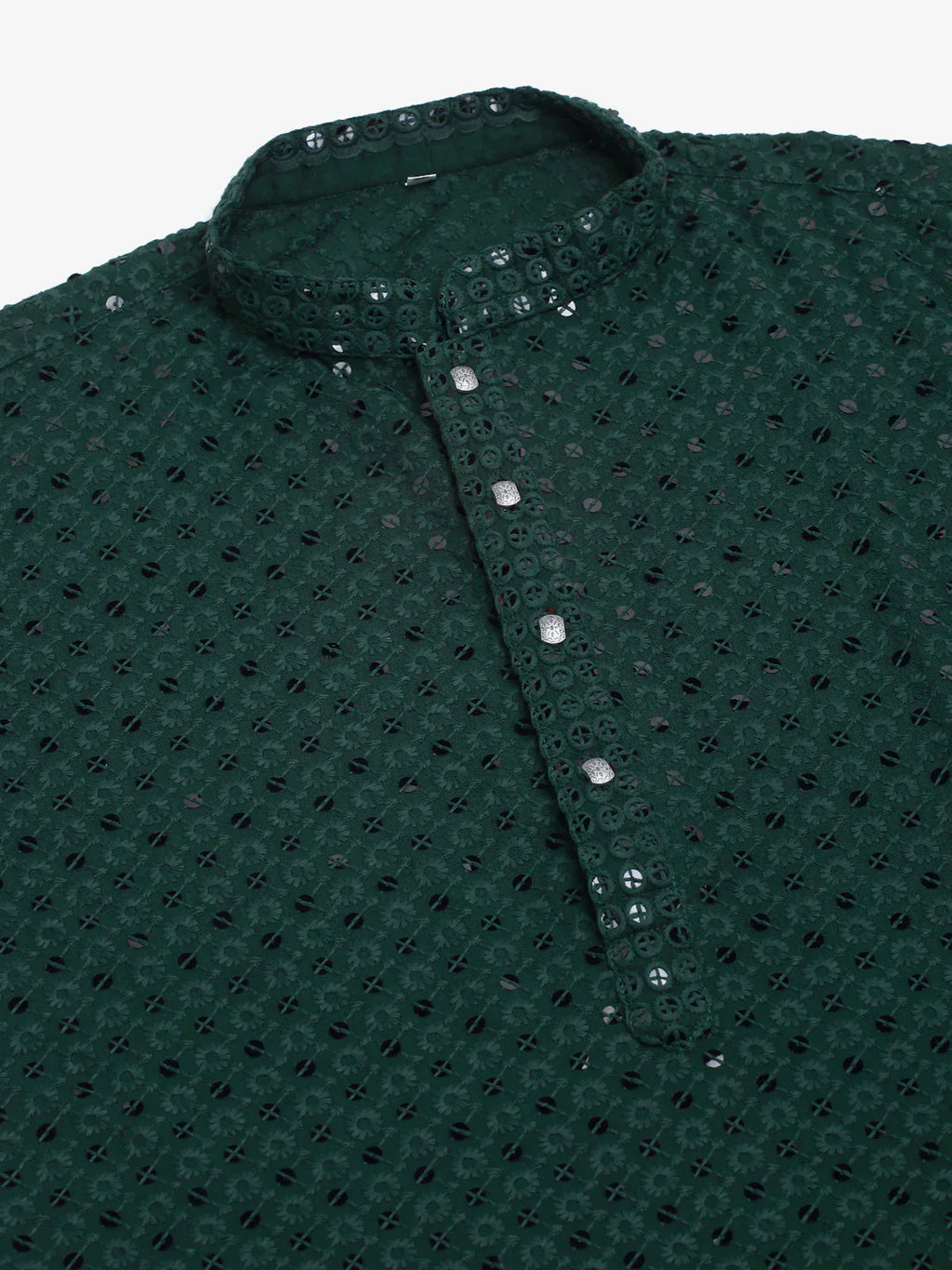 Jompers Men's Olive Green Chikankari Embroidered and Sequence Kurta with Churidar
