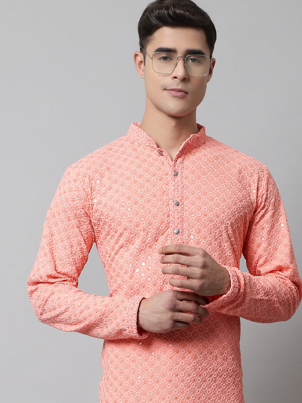 Jompers Men's Peach Chikankari Embroidered and Sequence Kurta with Churidar