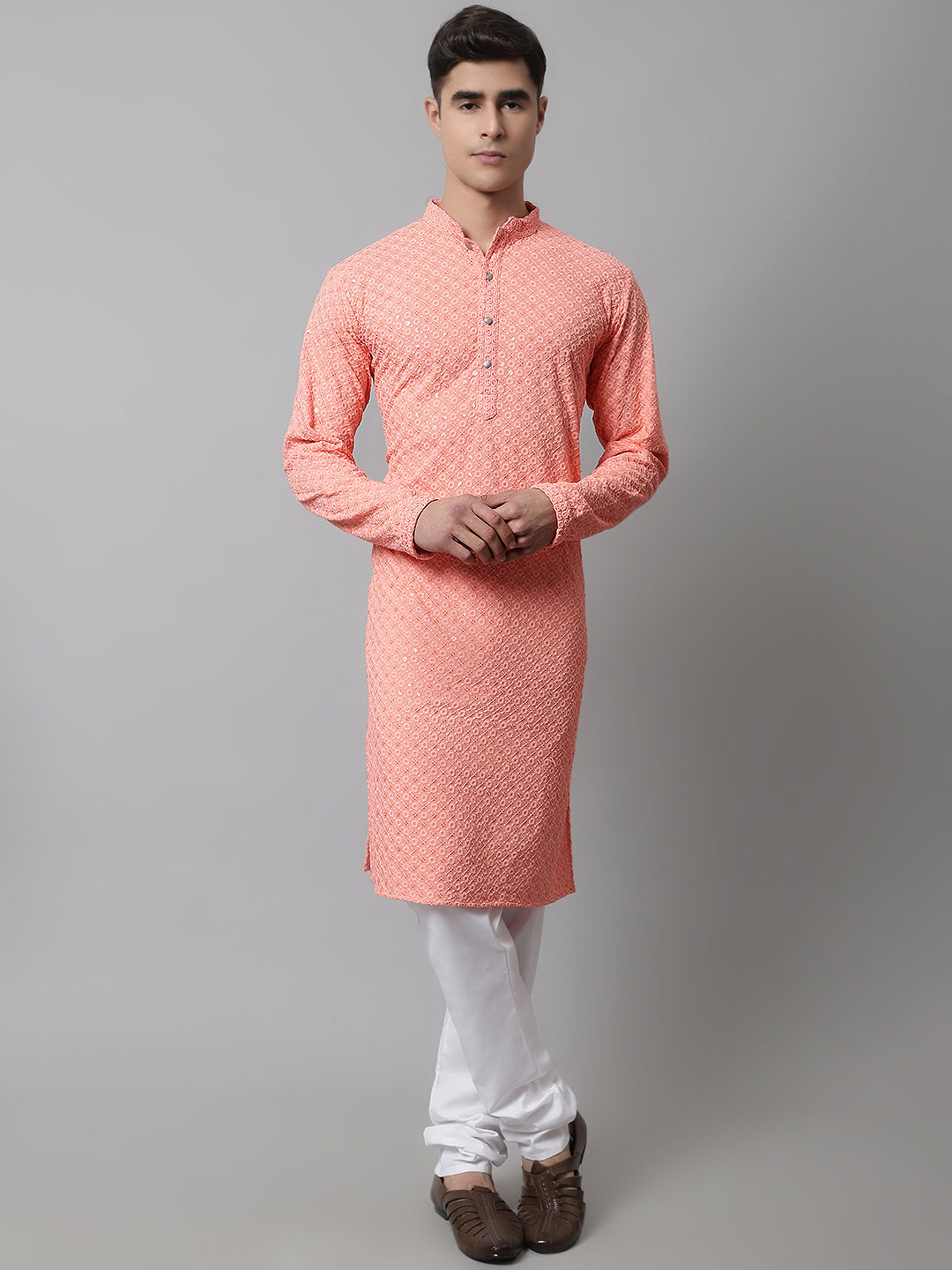 Jompers Men's Peach Chikankari Embroidered and Sequence Kurta with Churidar