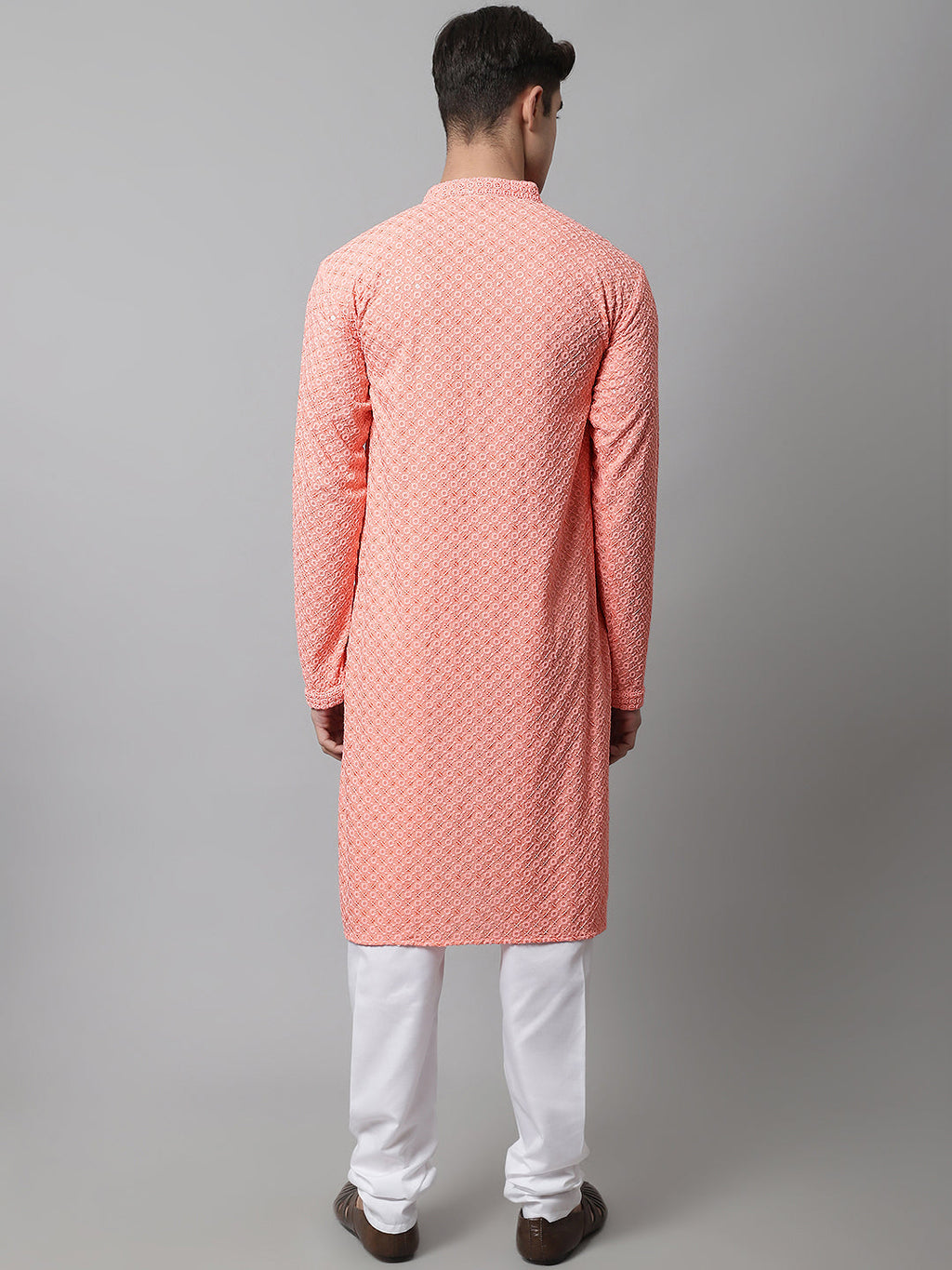 Jompers Men's Peach Chikankari Embroidered and Sequence Kurta with Churidar